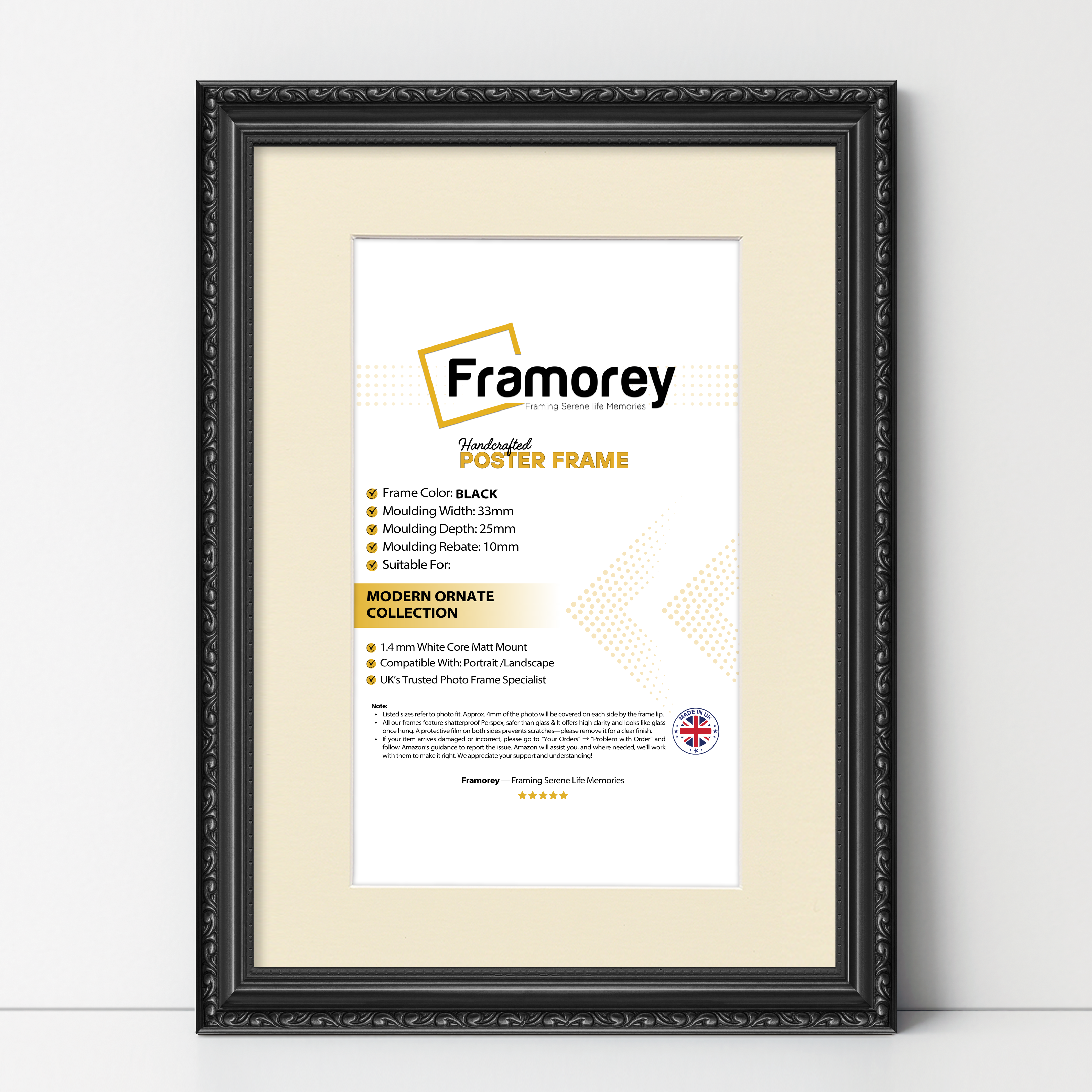 Front view of a shabby chic black picture frame with ivory mount showing decorative moulding and finish