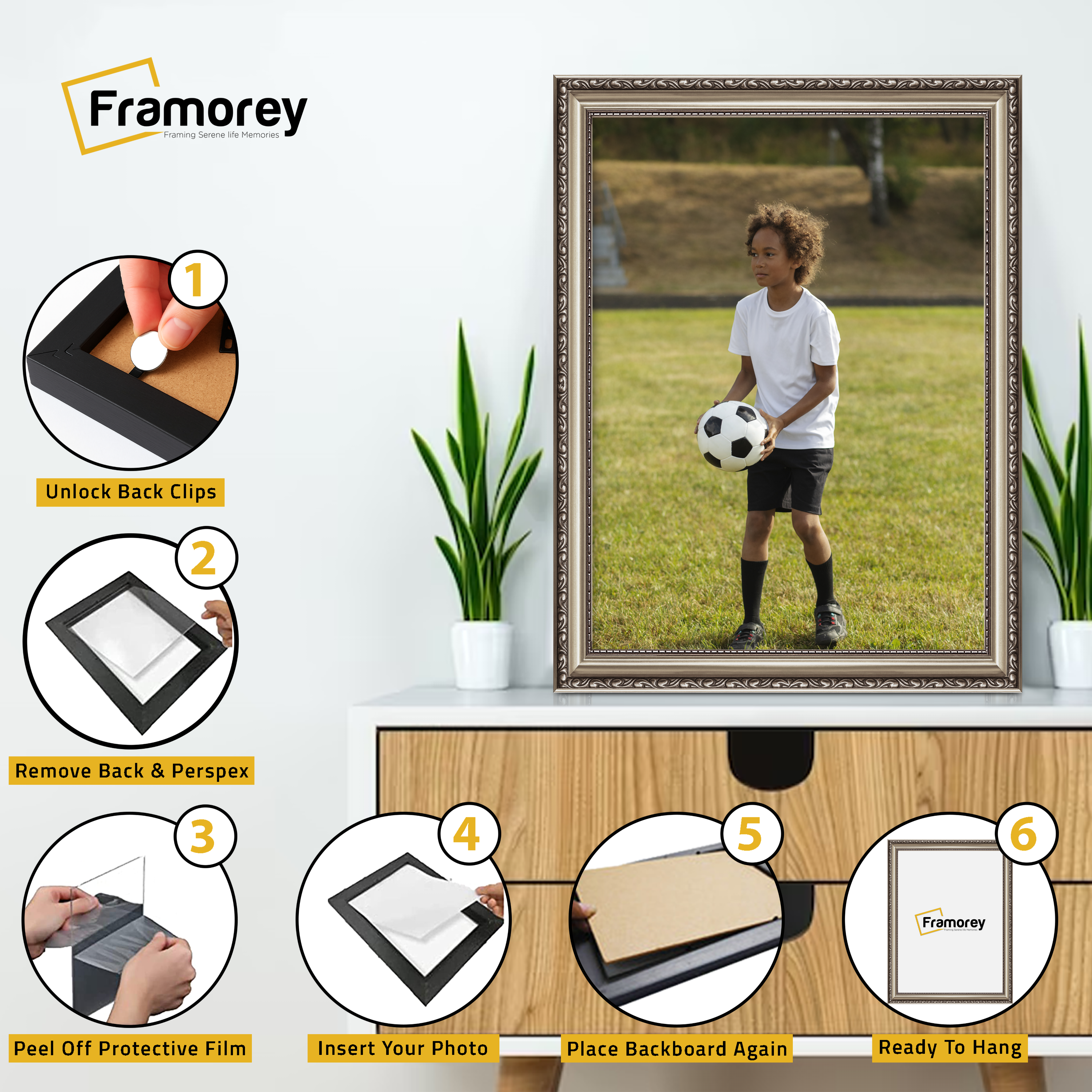 Shabby gun metal picture frame installation guide with size and hanging instructions