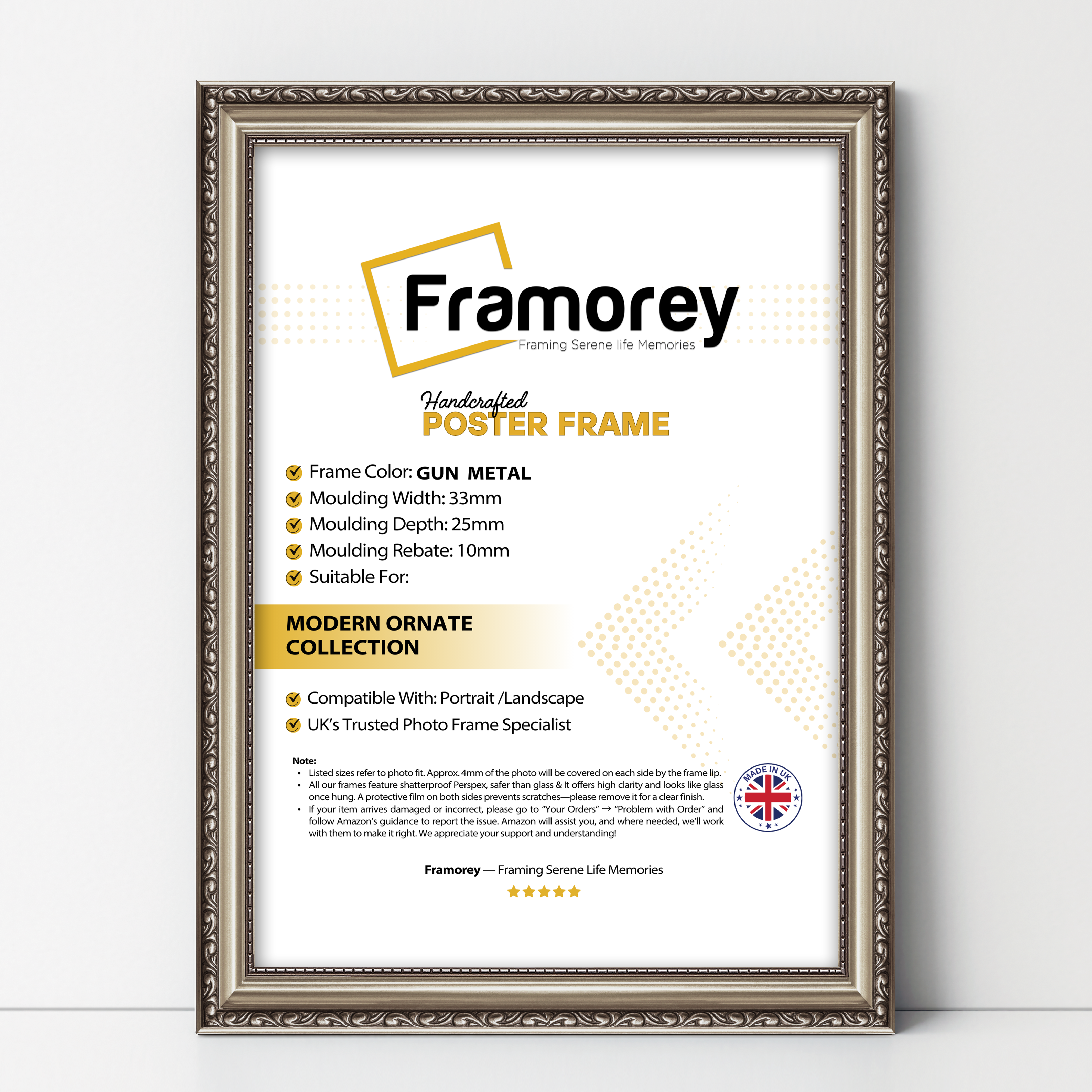 Front view of a shabby chic gun metal picture frame showing decorative moulding and finish