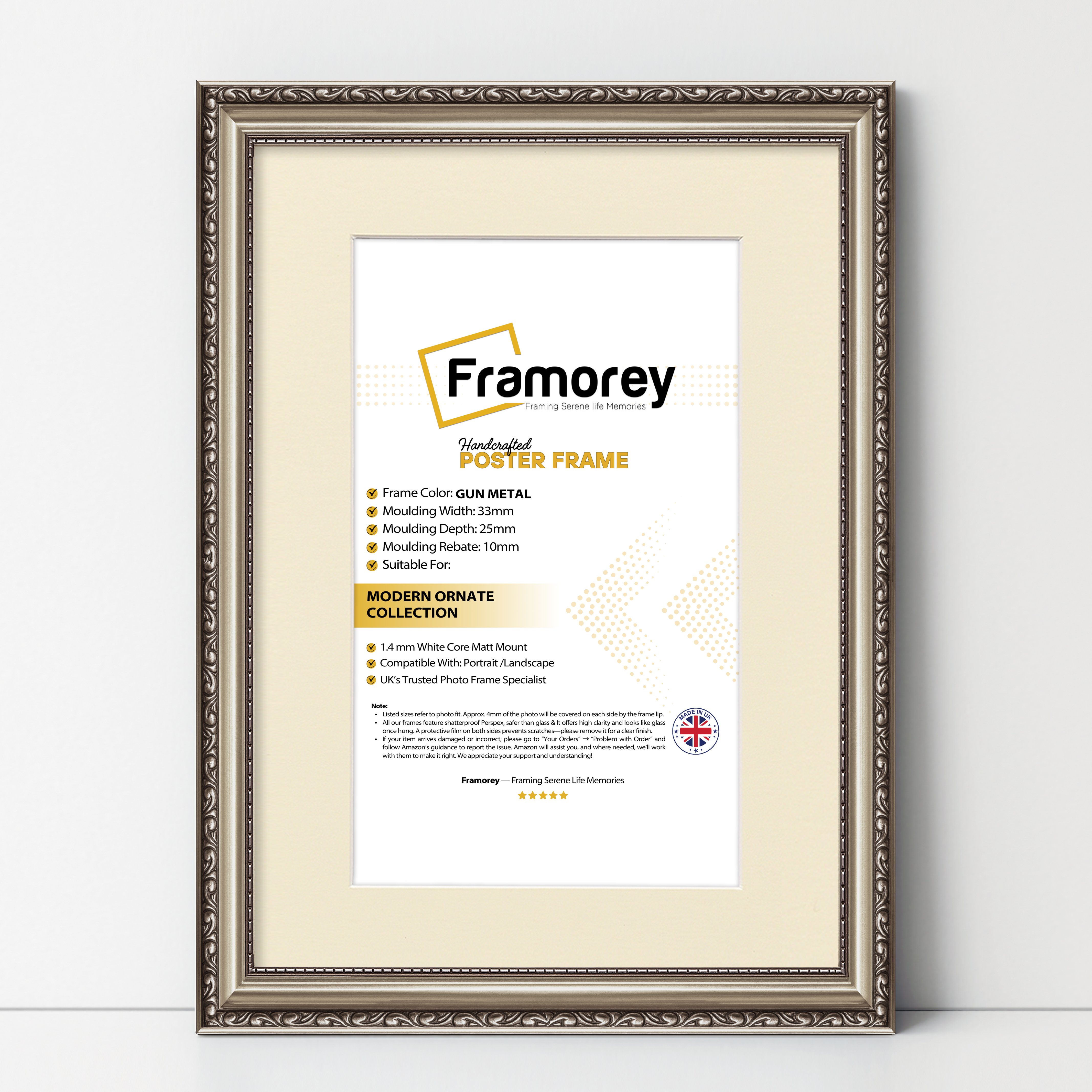 Front view of a shabby chic gun metal with ivory mount picture frame showing decorative moulding and finish