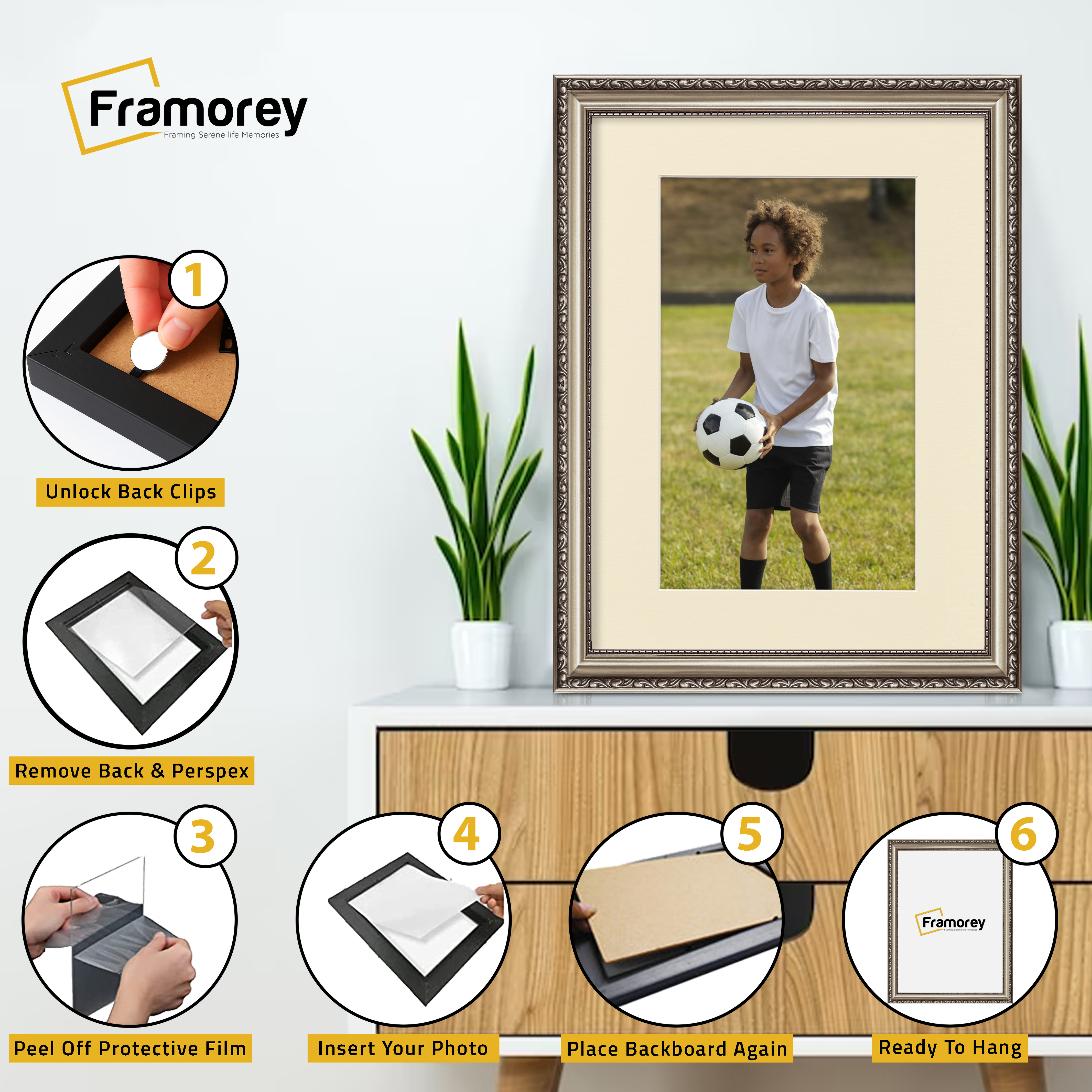 Shabby gun metal with ivory mount picture frame installation guide with size and hanging instructions