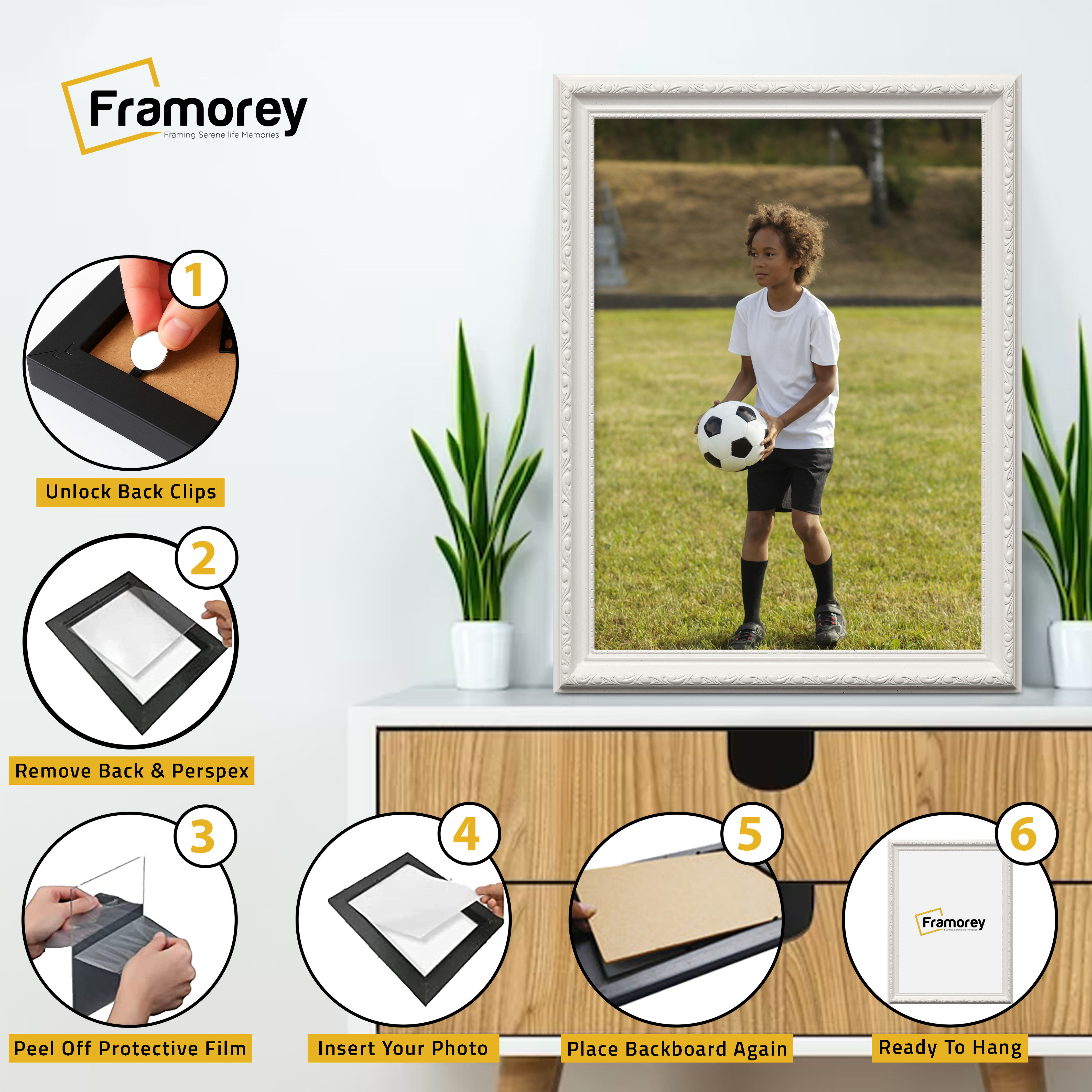 Shabby white picture frame installation guide with size and hanging instructions