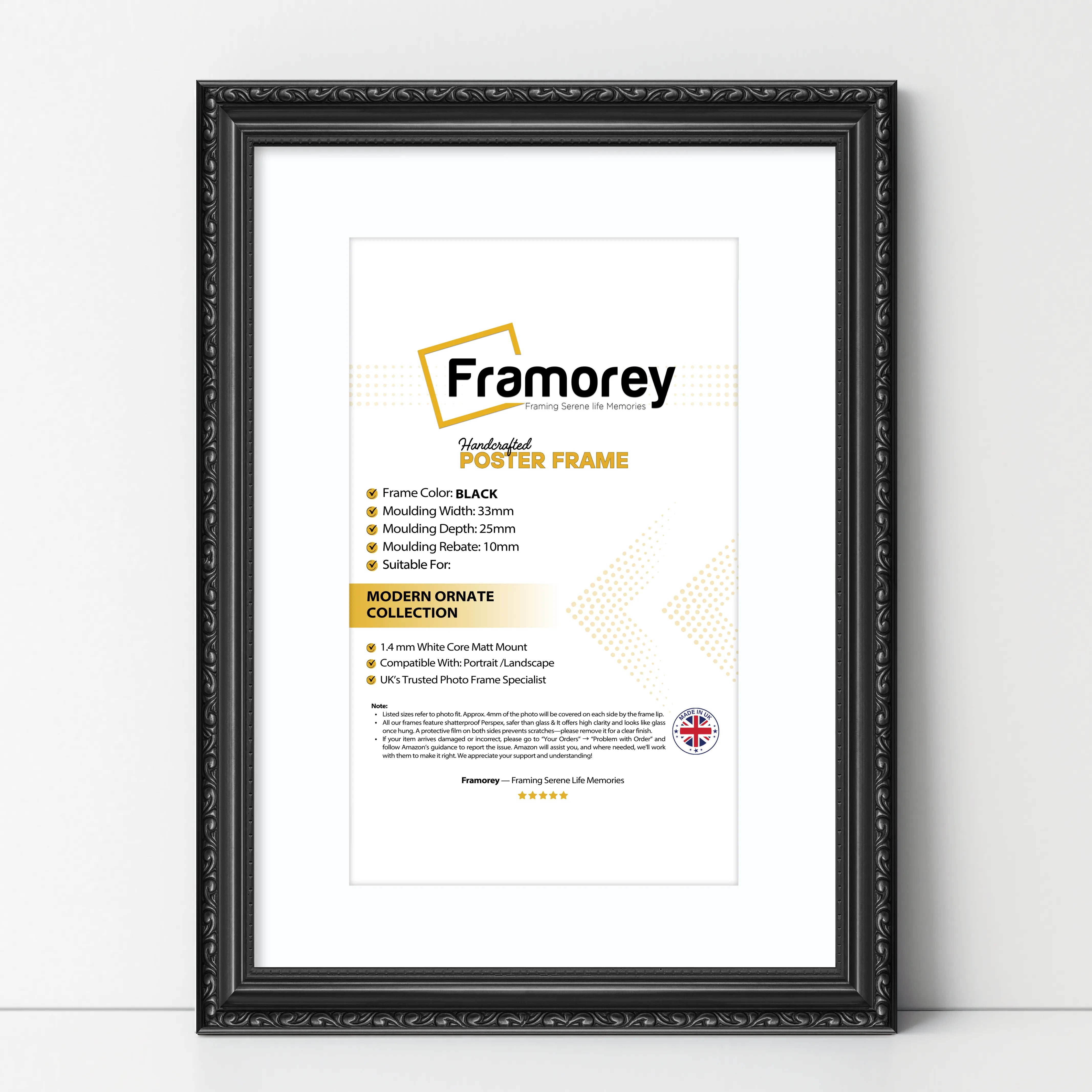 Black picture frame with White Mount shown from front view on a plain white surface standing with a wall