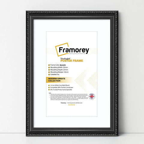 Black picture frame with White Mount shown from front view on a plain white surface standing with a wall