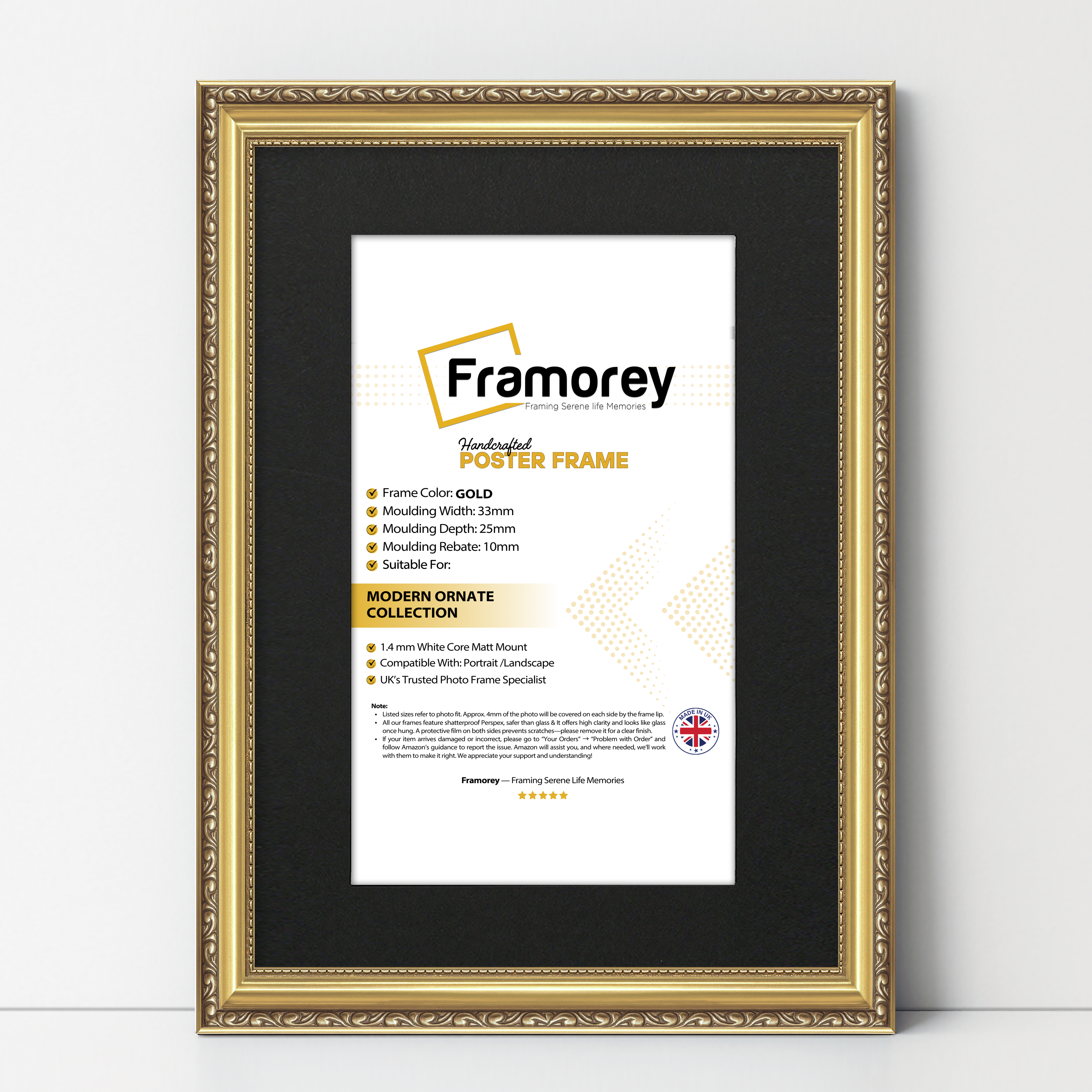 Gold Shabby Ornate Picture Frame Wall Art Photo Frames With Black Mount