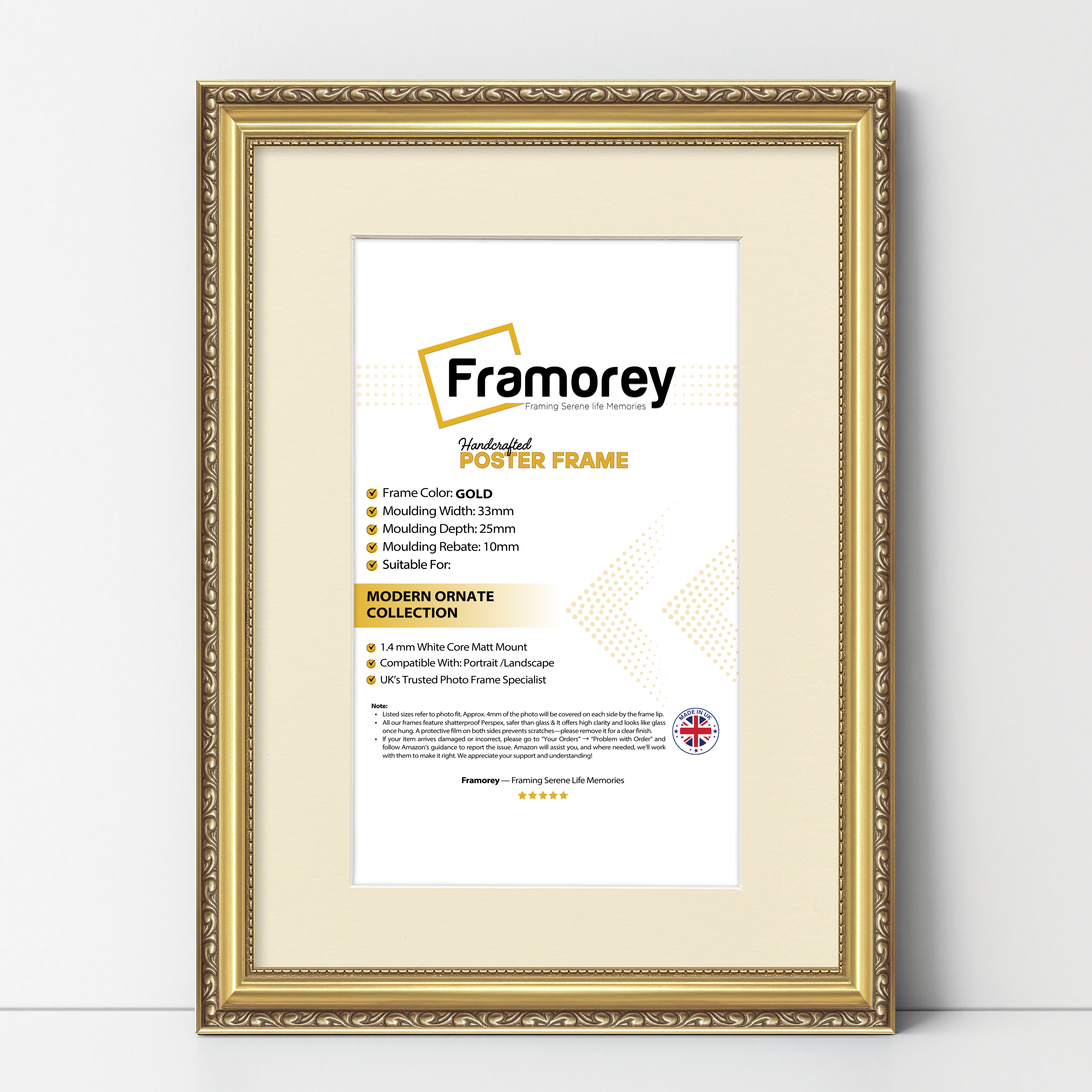 Gold Shabby Ornate Picture Frame Wall Art Photo Frames With Ivory Mount