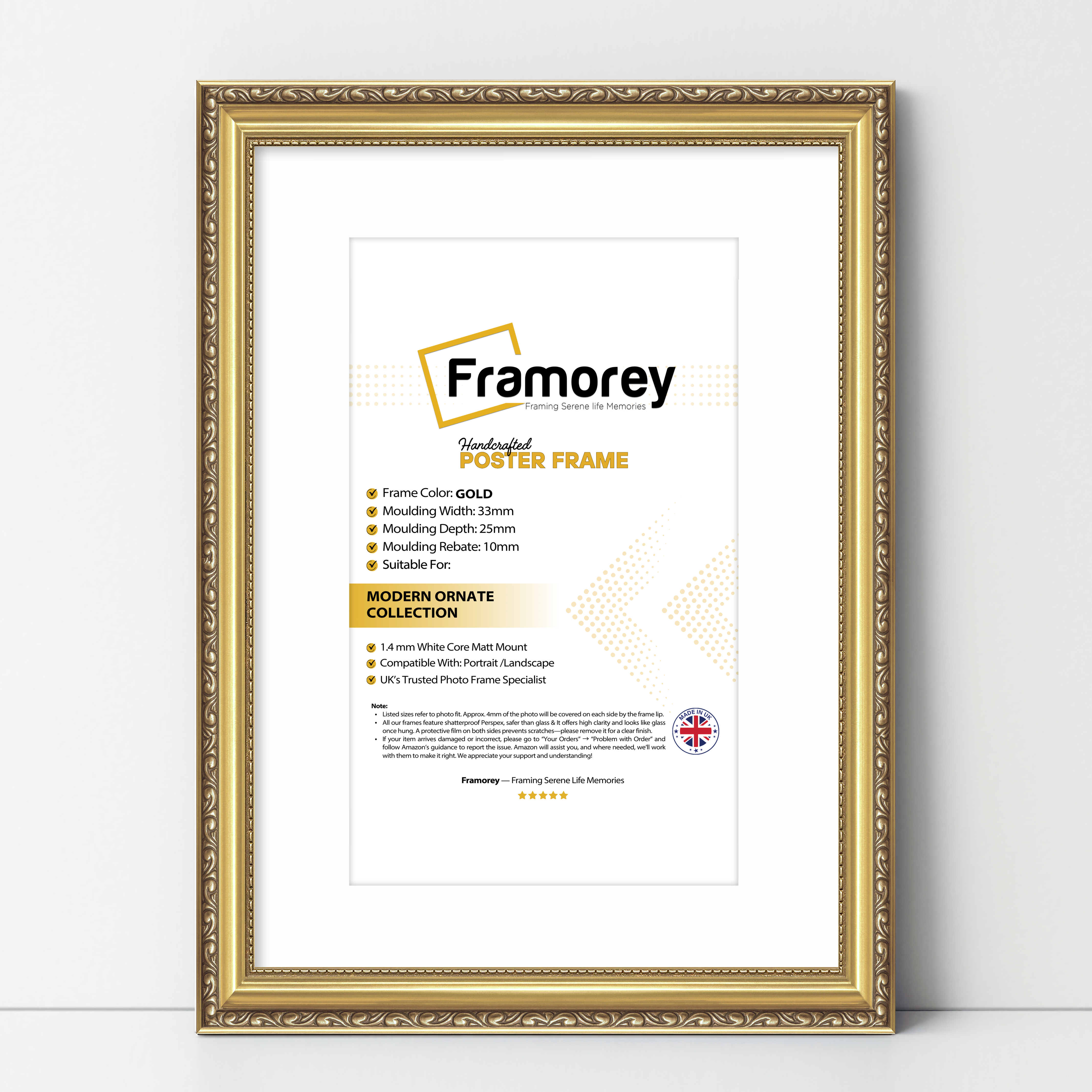 Gold Shabby Ornate Picture Frame Wall Art Photo Frames With White Mount