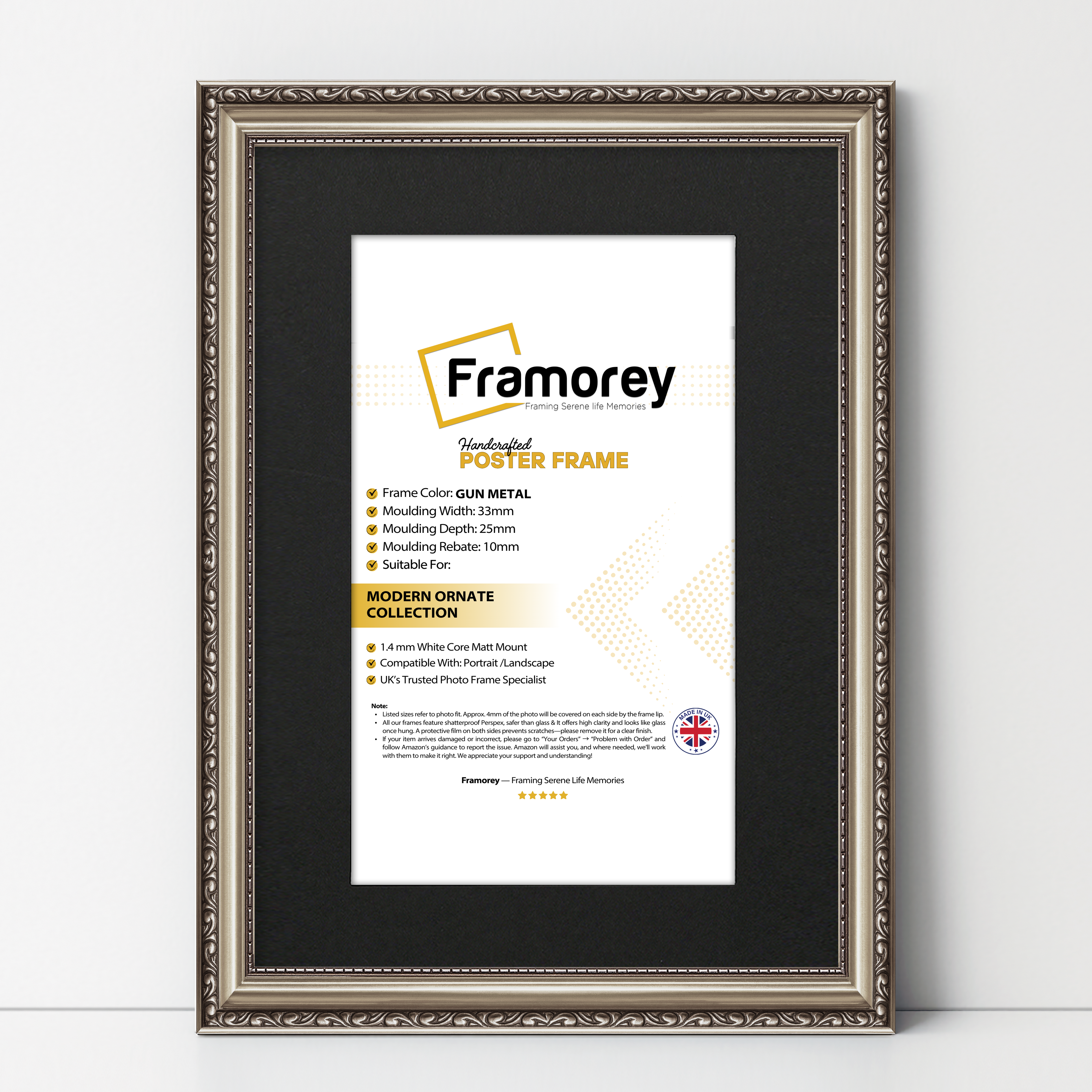 Gun Metal Shabby Ornate Picture Frame Wall Art With Black Mount