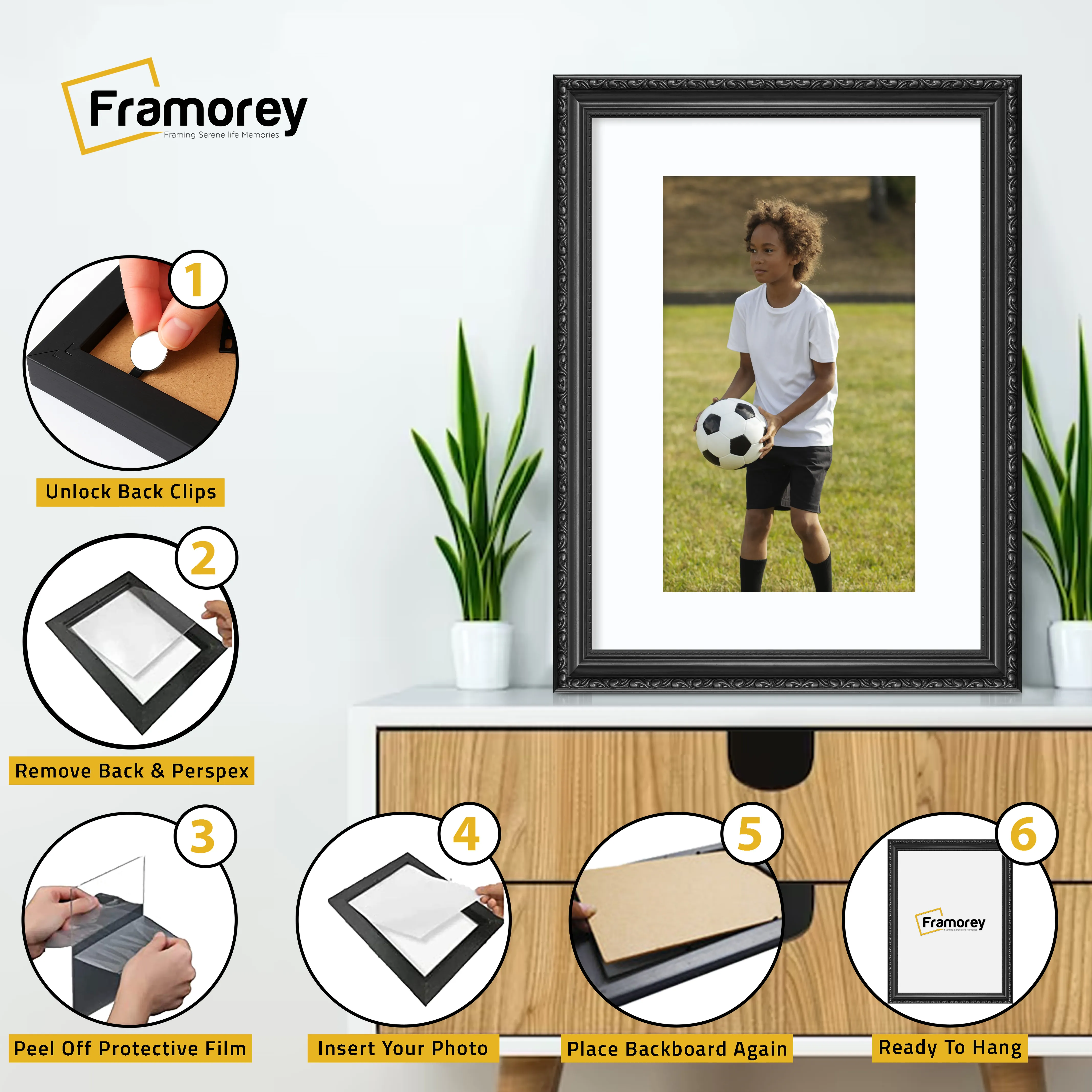 Step-by-step guide showing how to insert a photo into a Black picture frame