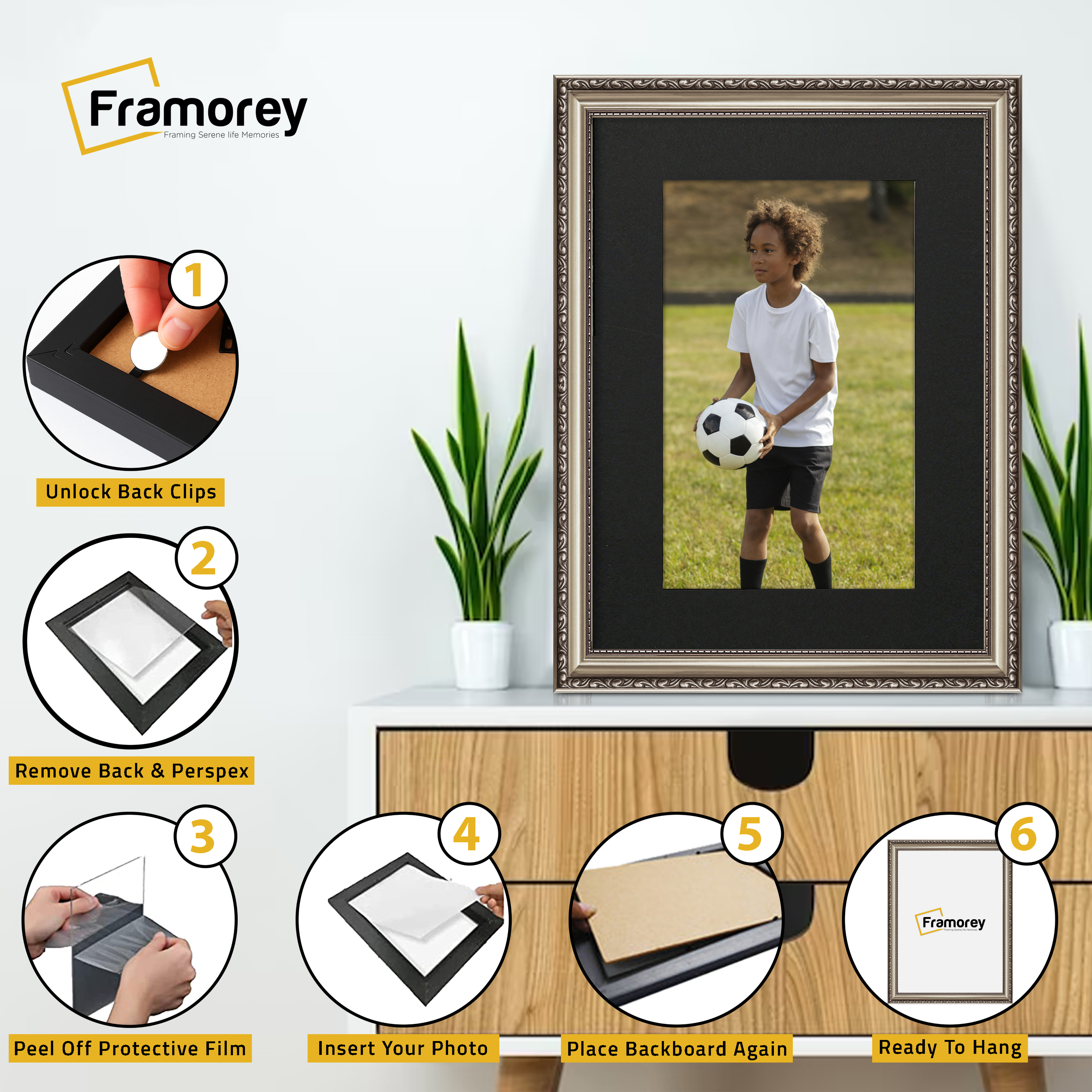 Gun Metal Shabby Ornate Picture Frame Wall Art With Black Mount