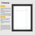 Black picture frame size guide line diagram showing outer frame dimensions and inner opening dimensions,  plus brief usage notes