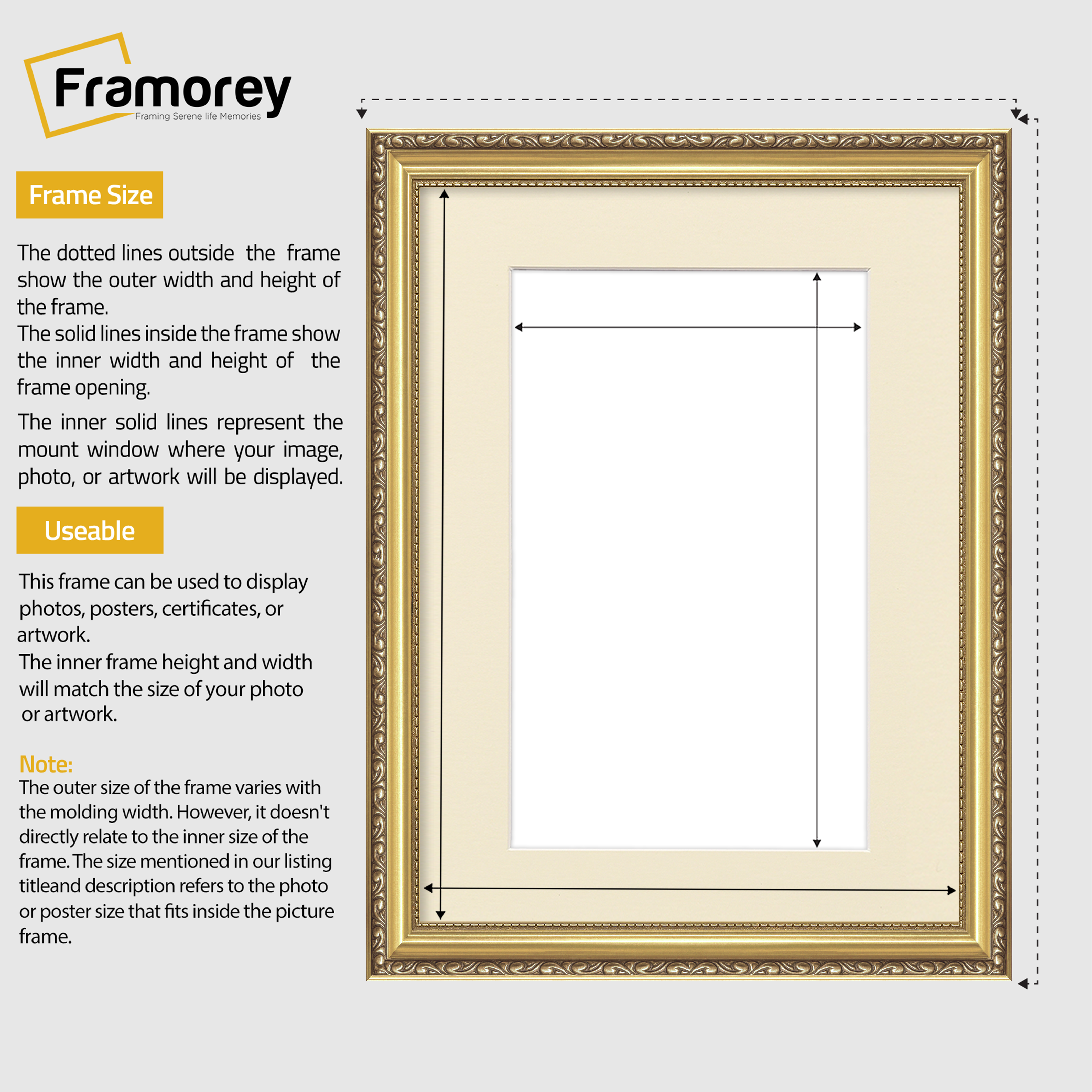 Gold Shabby Ornate Picture Frame Wall Art Photo Frames With Ivory Mount