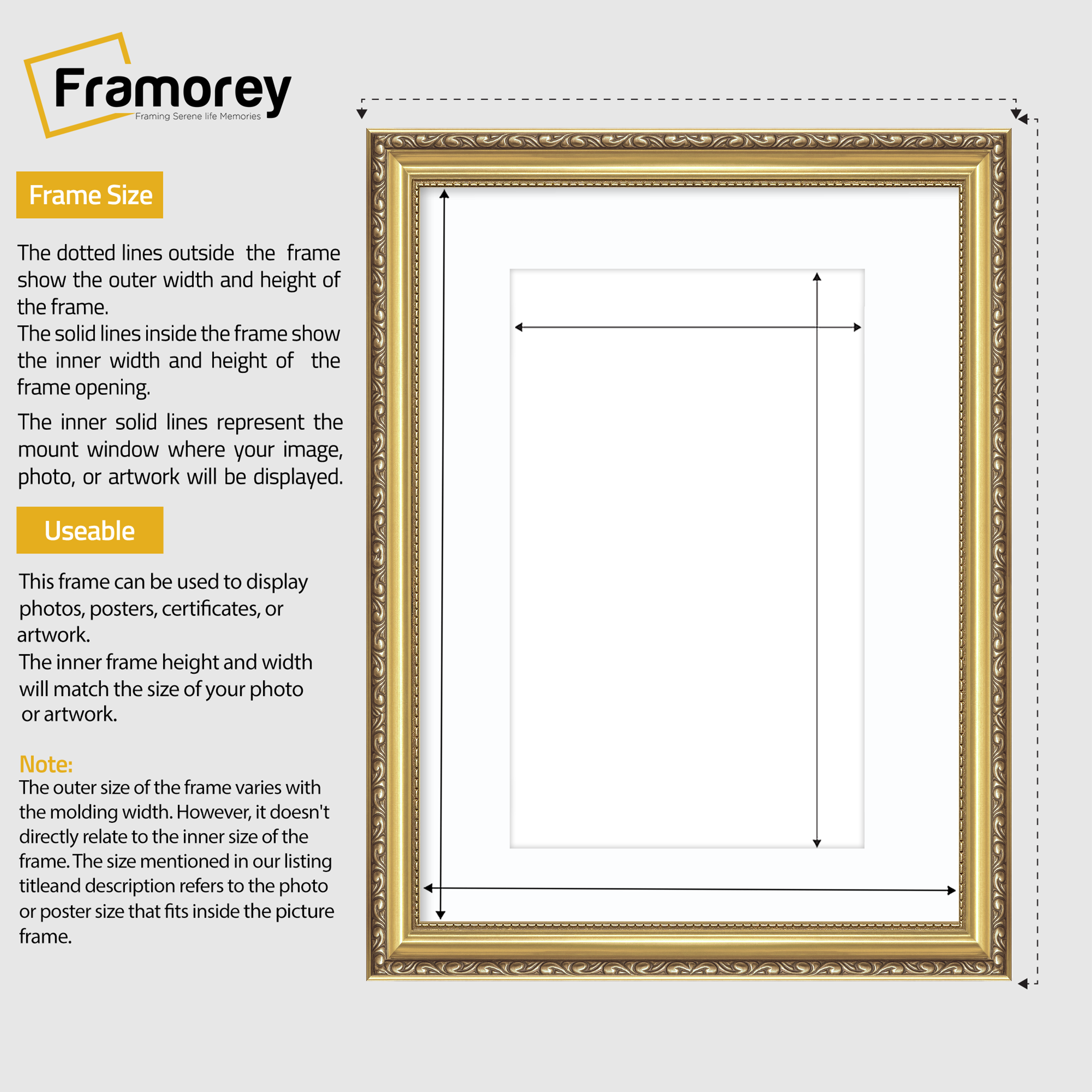 Gold Shabby Ornate Picture Frame Wall Art Photo Frames With White Mount