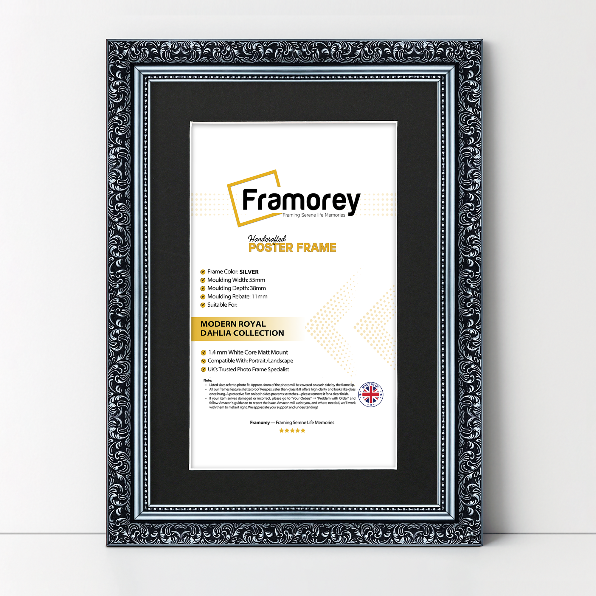 Silver Picture Frame Ornate Traditional Dahlia Photo Frame With Black Mount