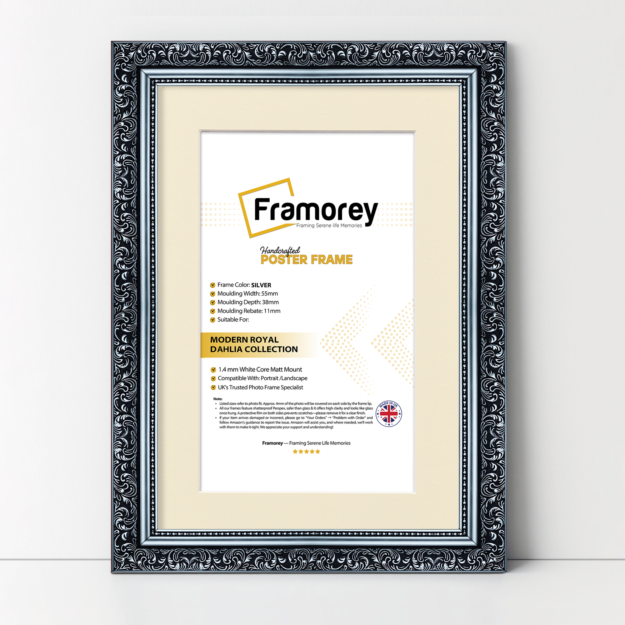 Silver Picture Frame Ornate Traditional Dahlia Poster Frame With Ivory Mount