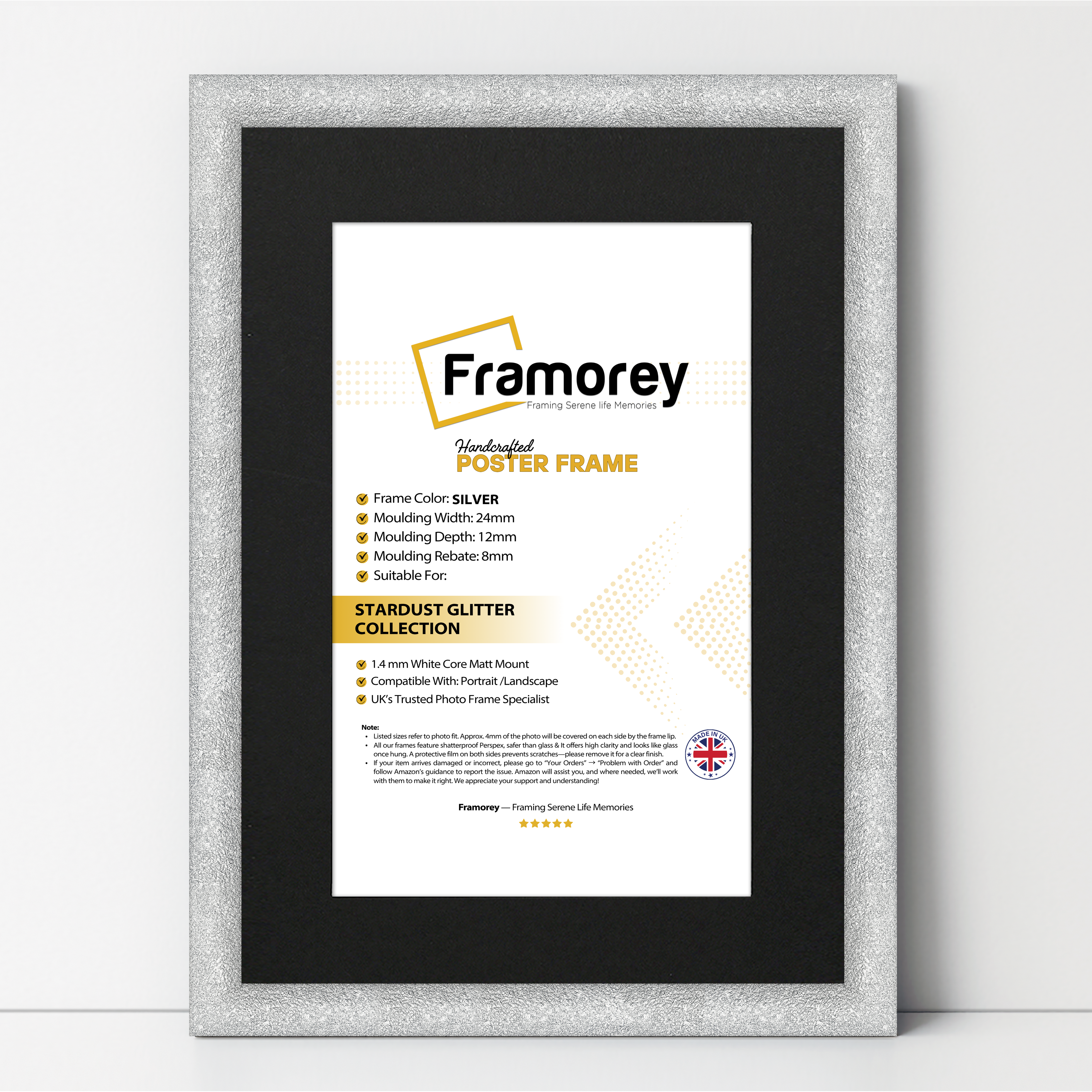 Glitter Sparkle Silver Picture Frame Photo Print Frame With Black Mount