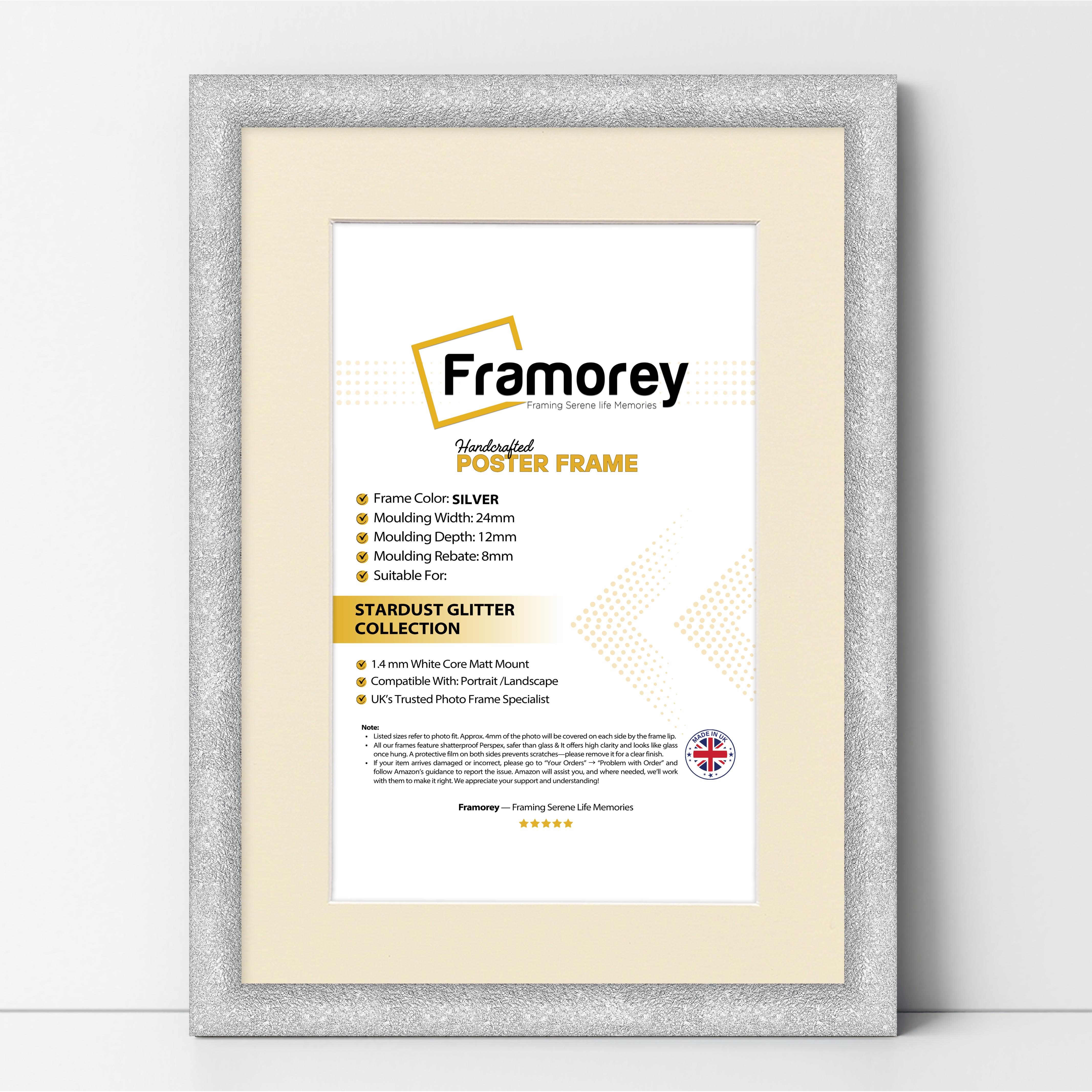 Glitter Sparkle Silver Picture Frame Photo Print Frame With Ivory Mount