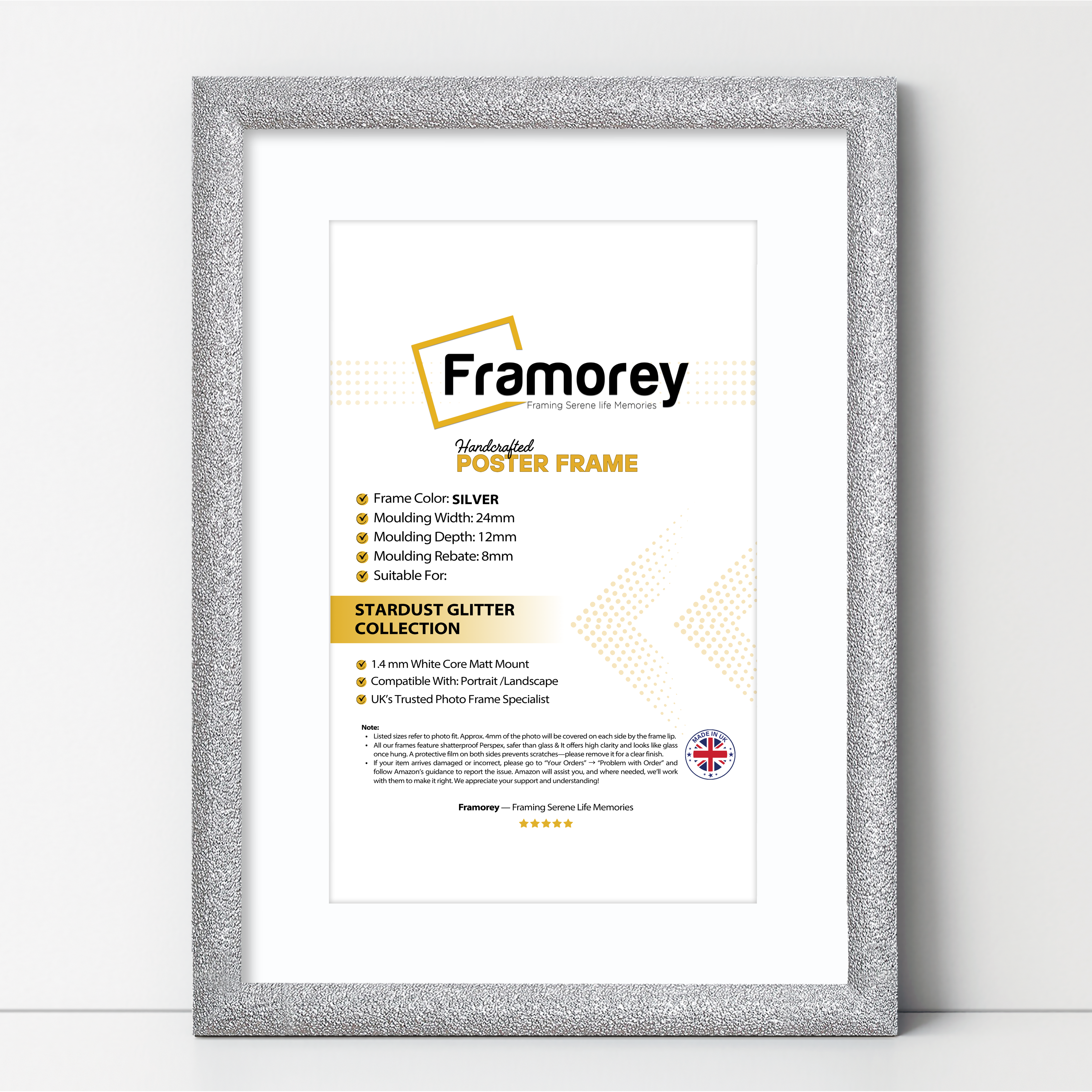 Glitter Sparkle Silver Picture Frame Photo Print Frame With White Mount