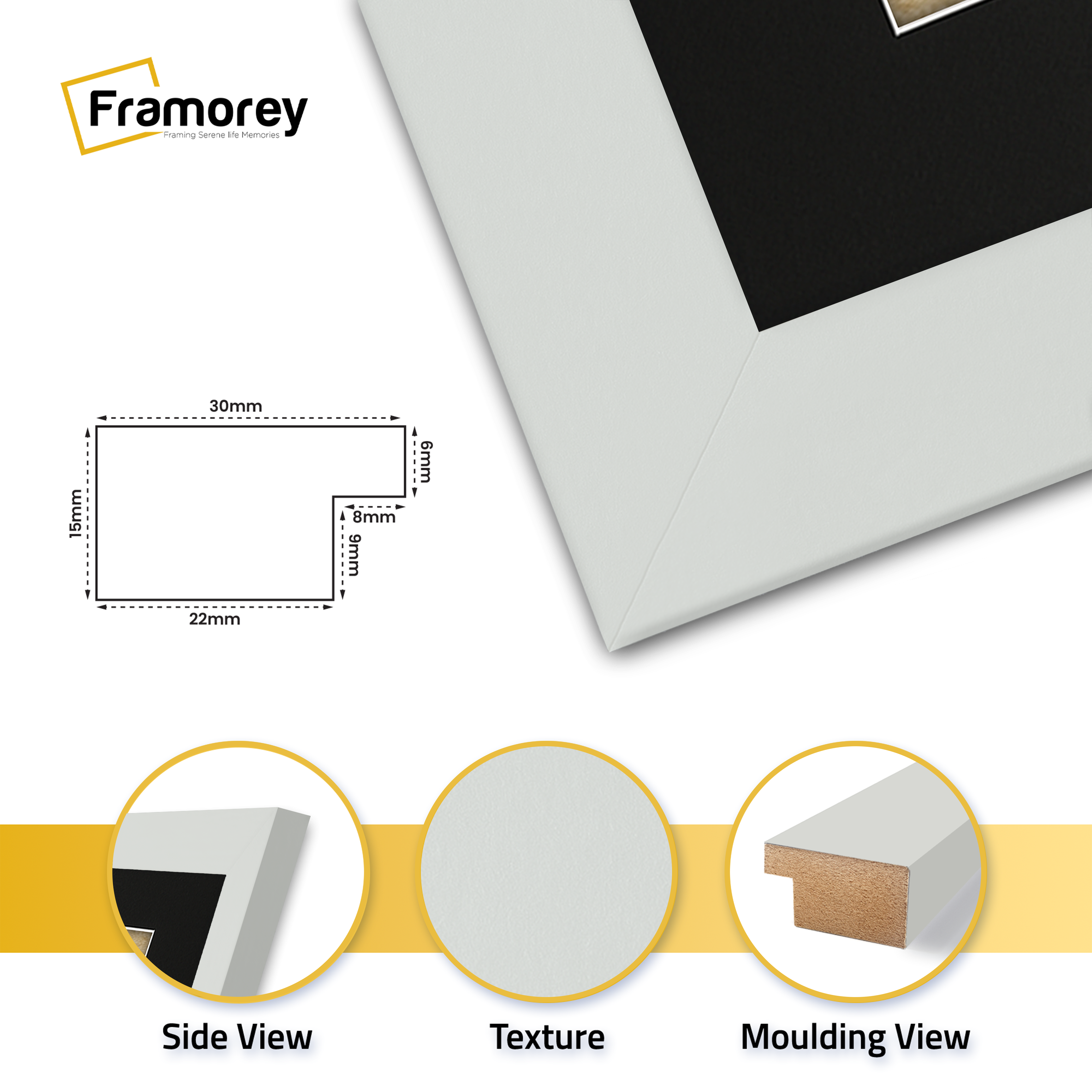 Rectangle Back side view of a Silver Picture Frame with Black Mount with some defined parts.