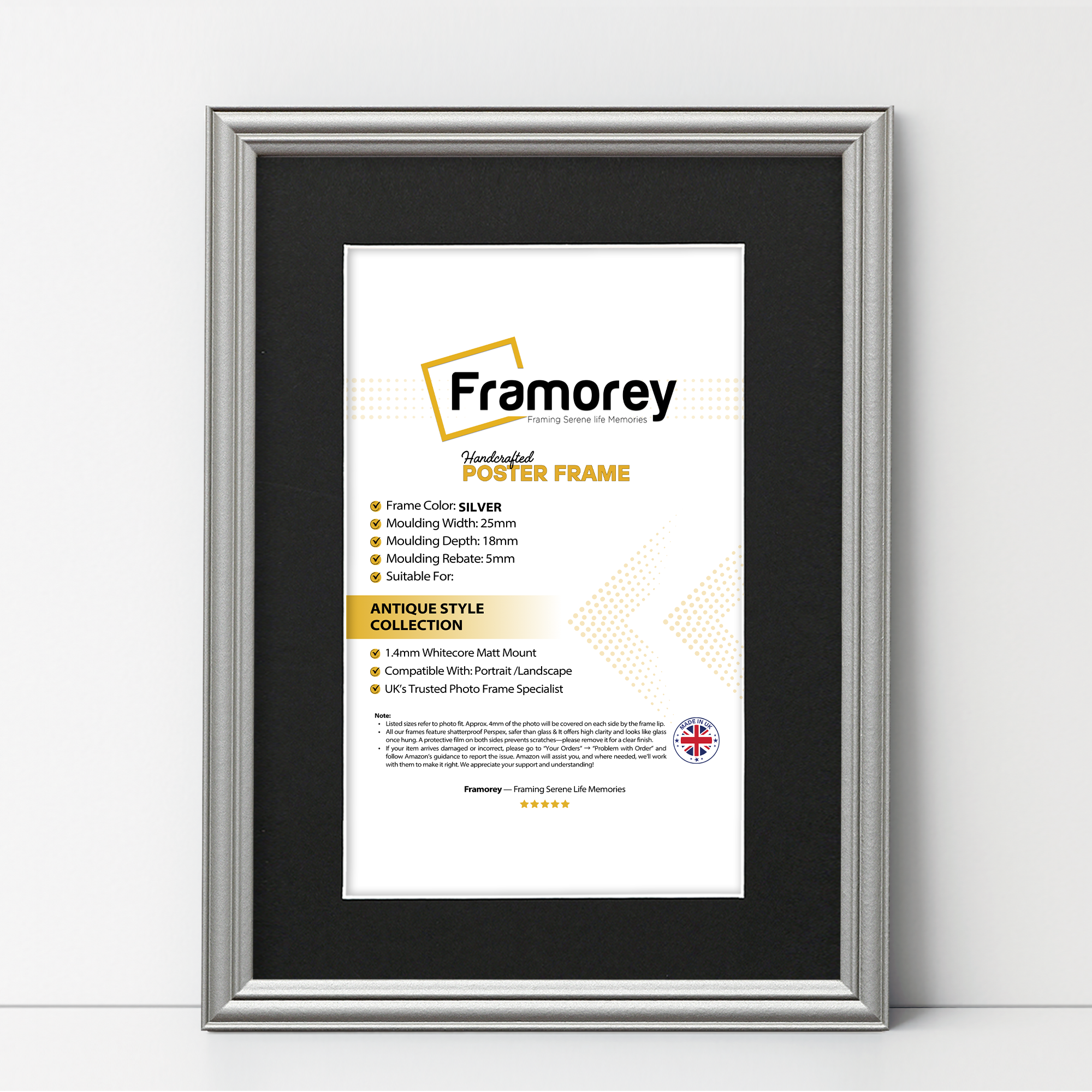 Antique Style Silver Picture Frame Wall Art Photo Frame With Black Mount