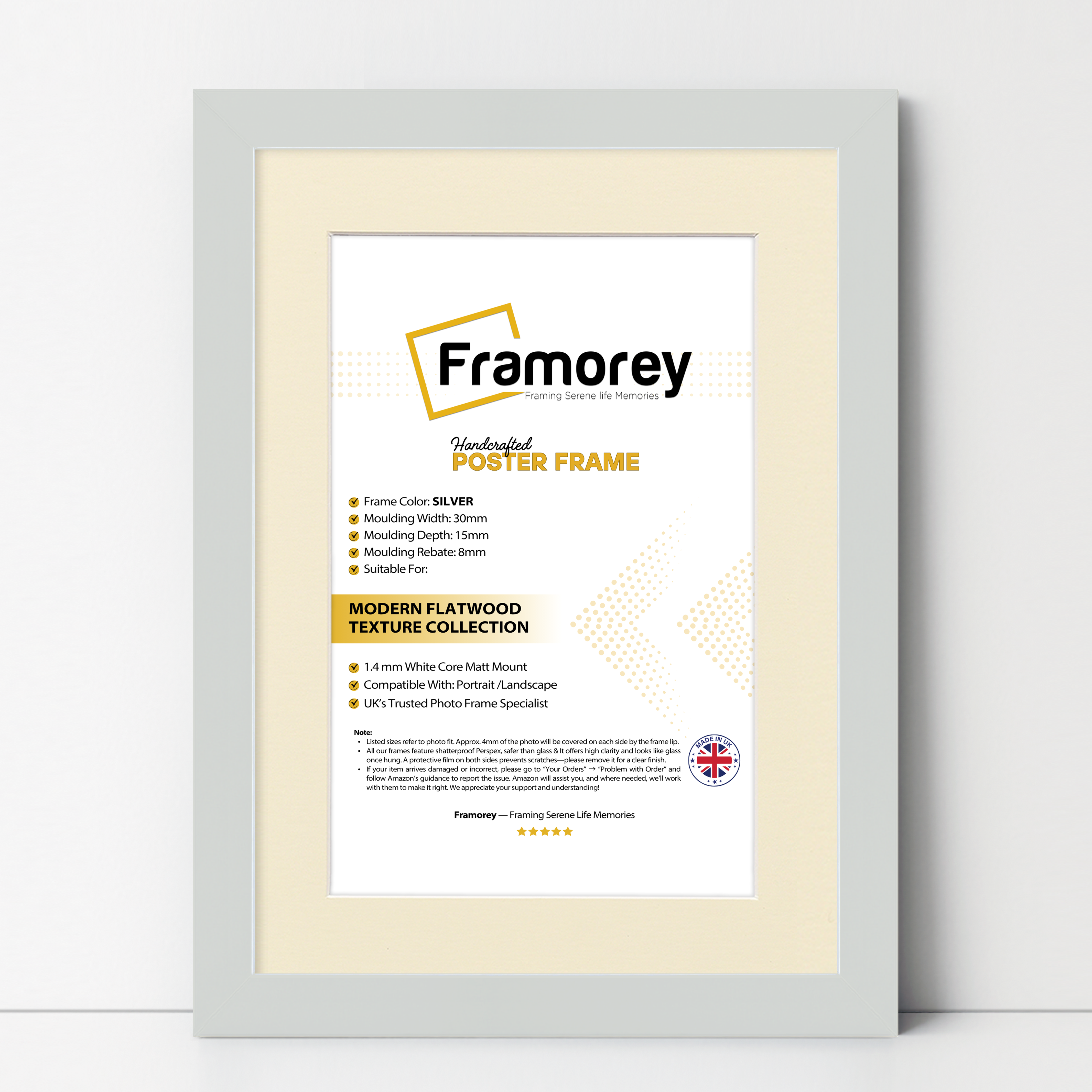 Silver Picture Frame With Ivory Mount leaning with a wall on a wooden floor with some detail on its measurement.