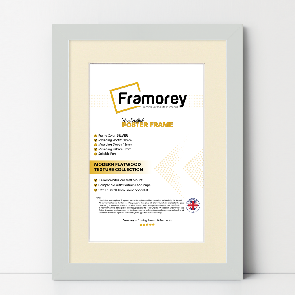 Silver Picture Frame With Ivory Mount leaning with a wall on a wooden floor with some detail on its measurement.