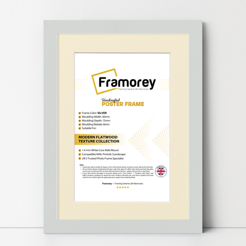 Silver Picture Frame With Ivory Mount leaning with a wall on a wooden floor with some detail on its measurement.