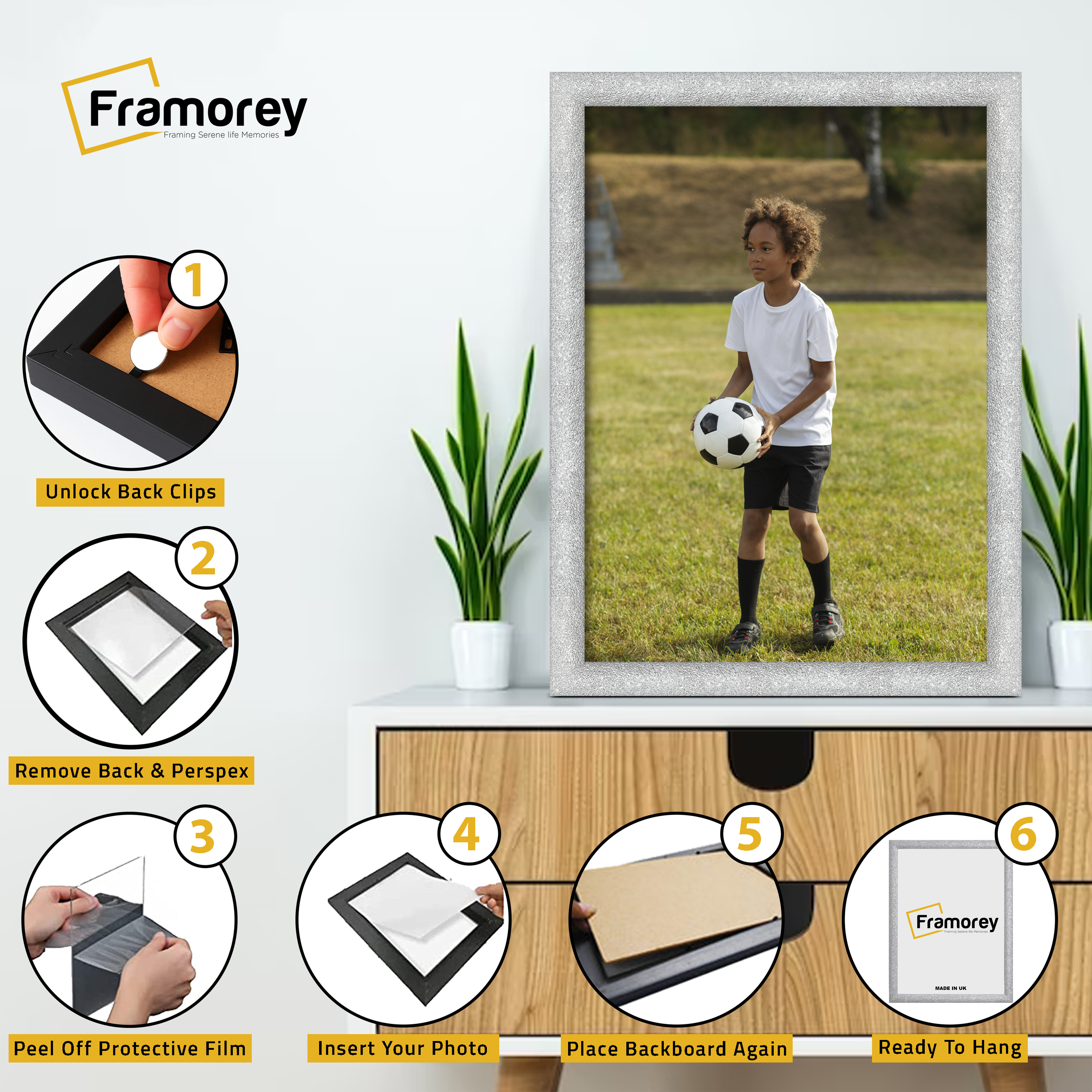 Step-by-step guide showing how to insert a photo into a Silver picture frame