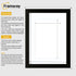 Black picture frame size guide line diagram showing outer frame dimensions and inner opening dimensions,  plus brief usage notes