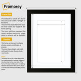 Black picture frame size guide line diagram showing outer frame dimensions and inner opening dimensions,  plus brief usage notes