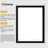 Black picture frame size guide line diagram showing outer frame dimensions and inner opening dimensions,  plus brief usage notes