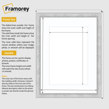 Silver Glitter Sparkle picture frame size guide line diagram showing outer Poster frame dimensions and inner opening dimensions,  plus brief usage notes