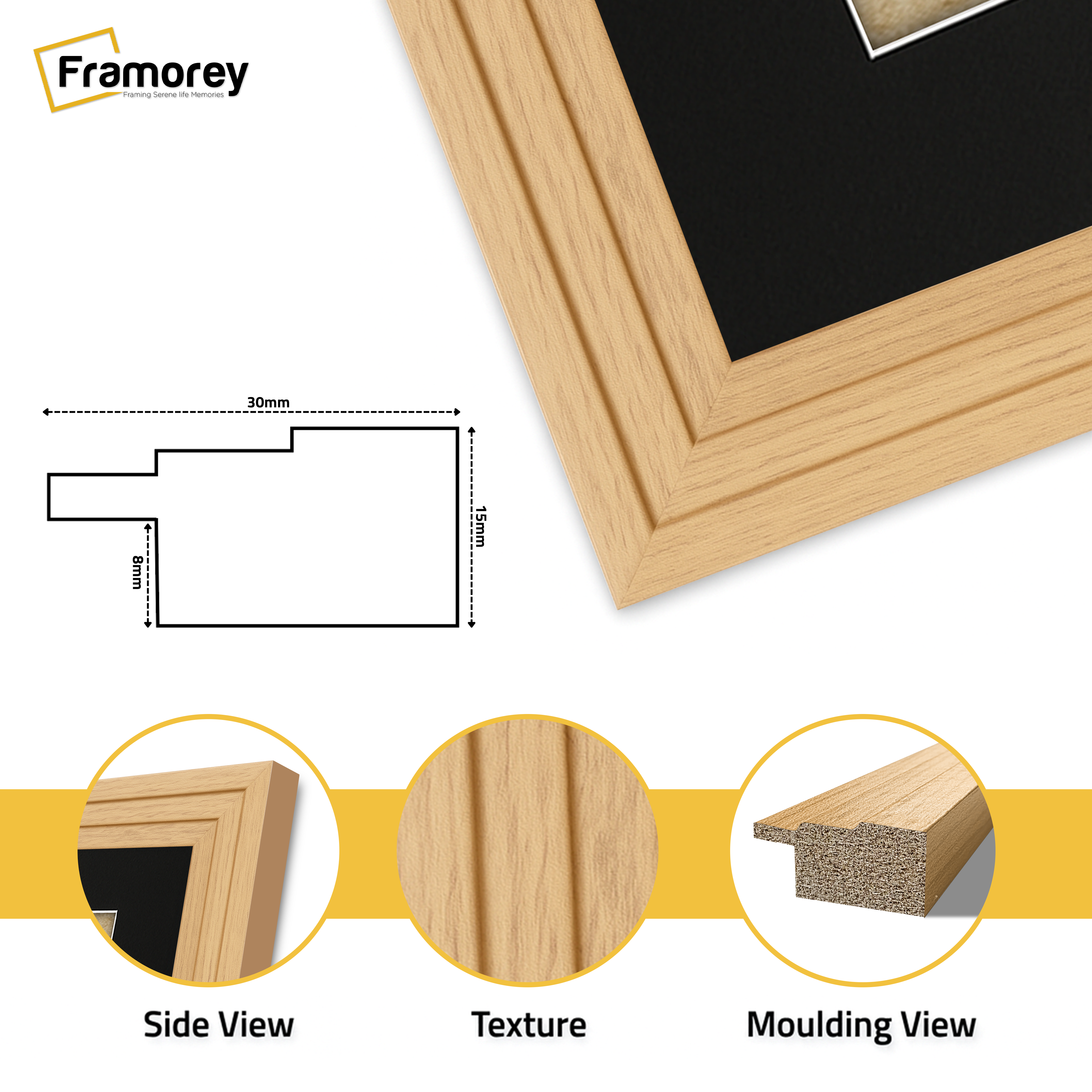 close view of oak with black mount Poster frame featuring side view texture and molding view