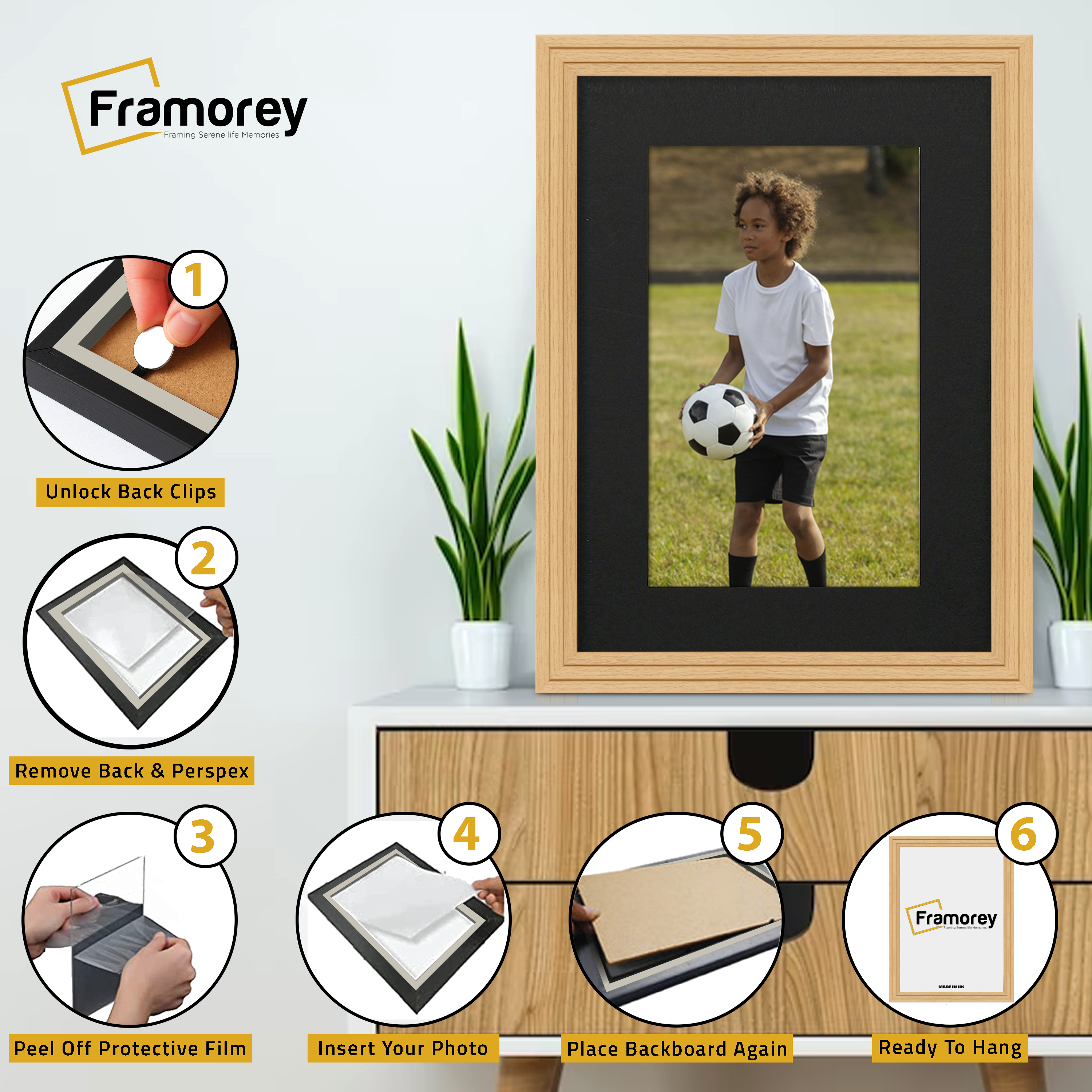 Step-by-step guide showing how to insert a photo into a Oak picture frame With Black Mount