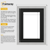 Grey With Black Mount picture frame size guide line diagram showing outer picture frame dimensions and inner opening dimensions,  plus brief usage notes