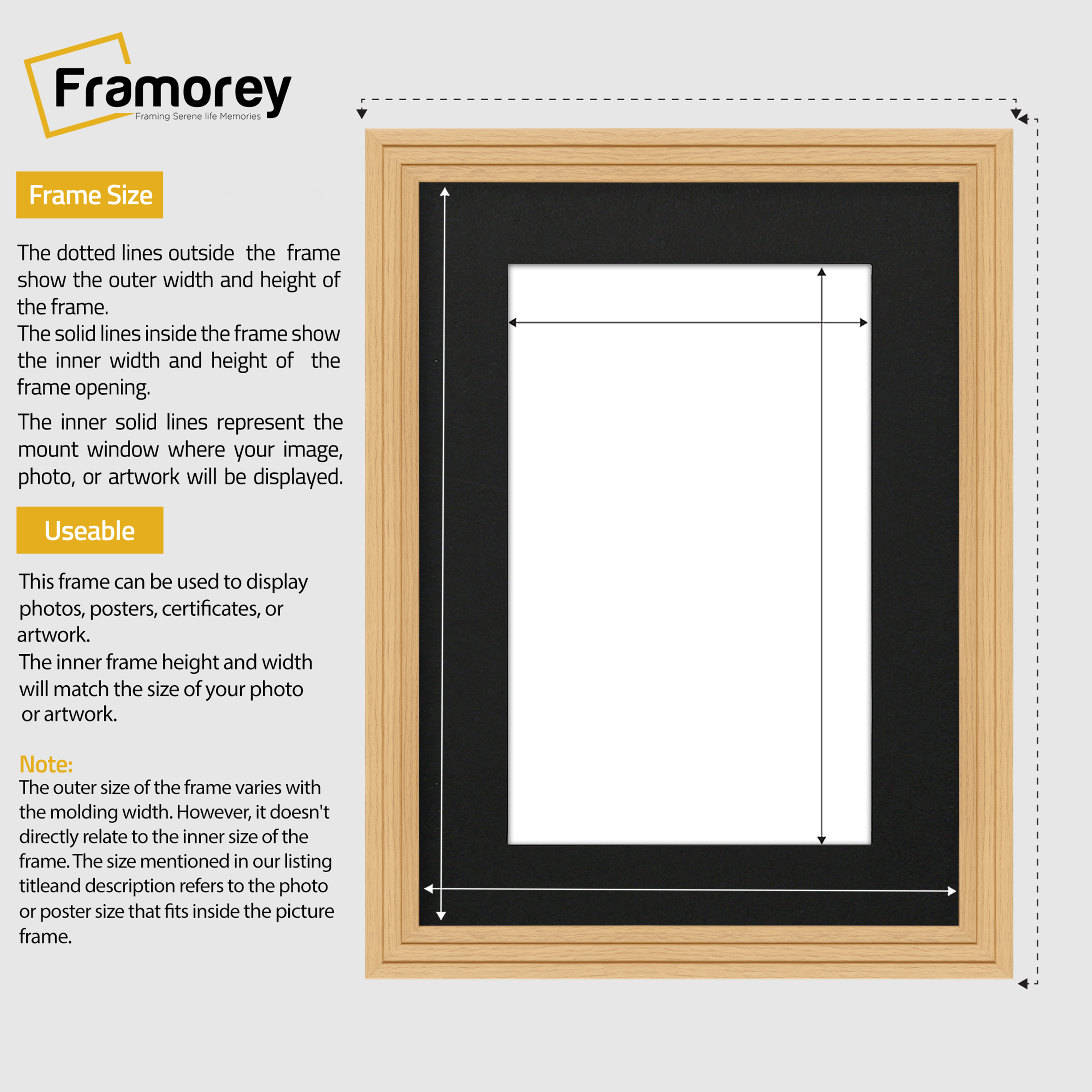 Oak With Black Mount picture frame size guide line diagram showing outer picture frame dimensions and inner opening dimensions,  plus brief usage notes