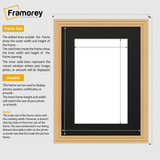 Oak With Black Mount picture frame size guide line diagram showing outer picture frame dimensions and inner opening dimensions,  plus brief usage notes