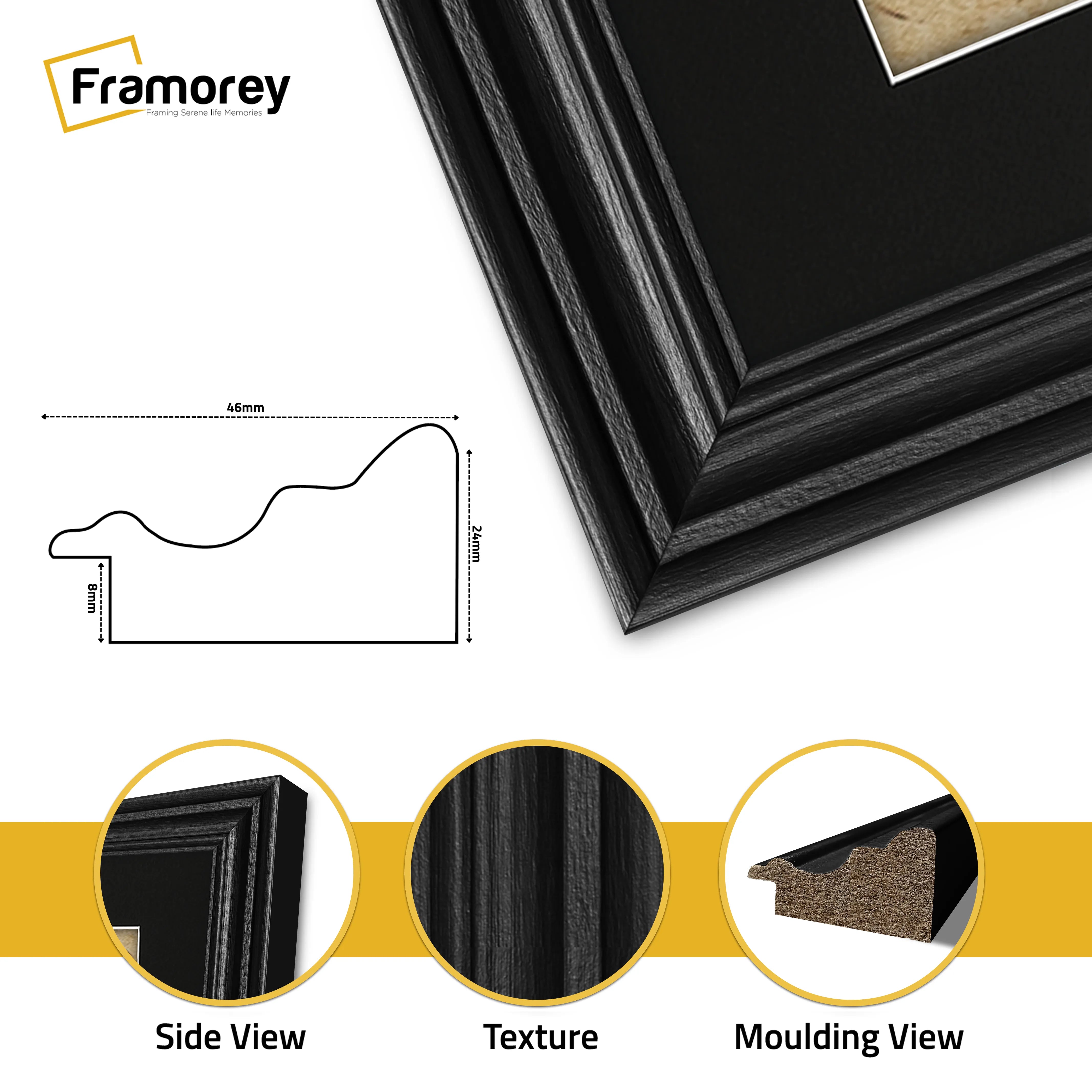 Swept Style Panoramic Black Picture Frame With Black Mount Photo Frame