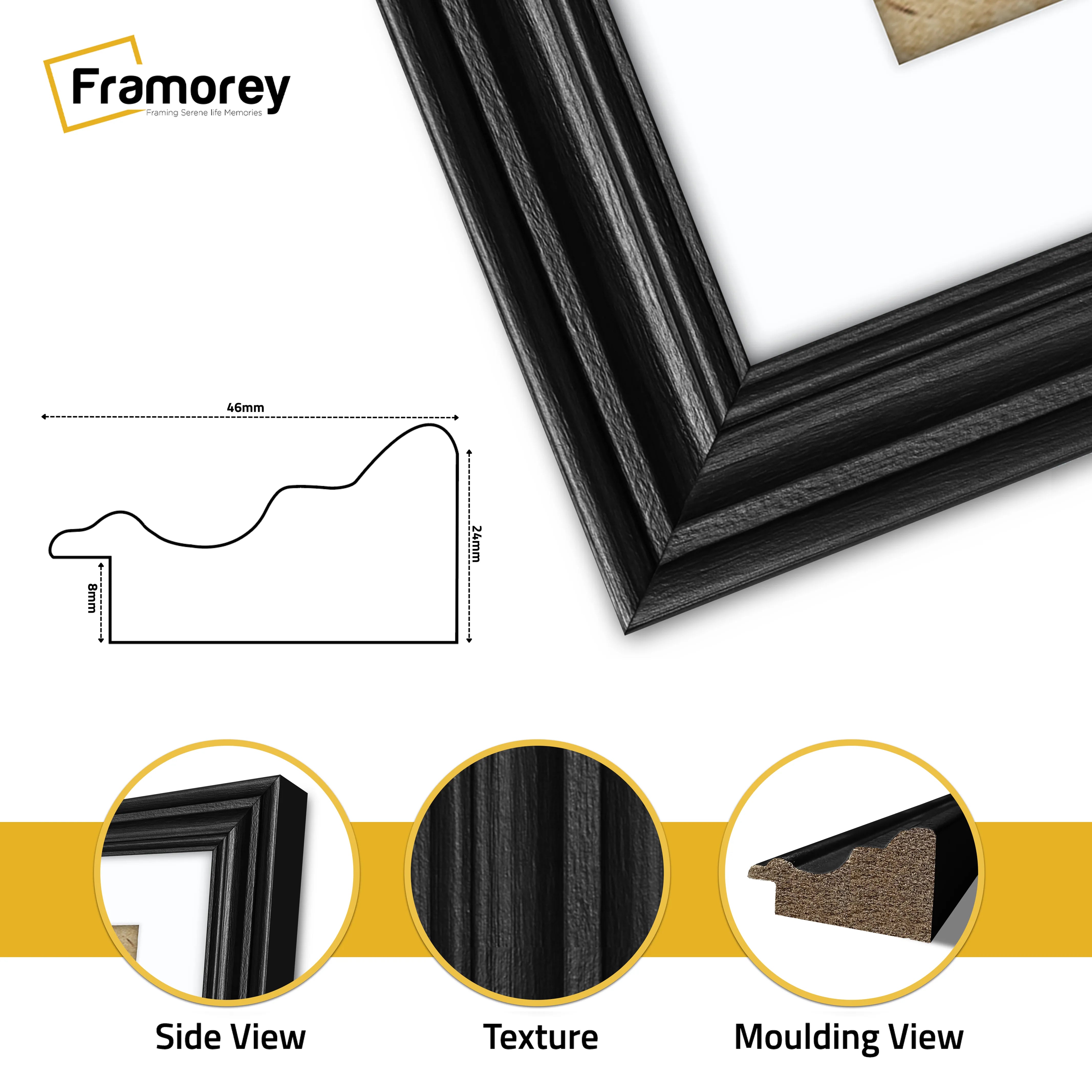 Swept Style Square Black Picture Frame white Mount