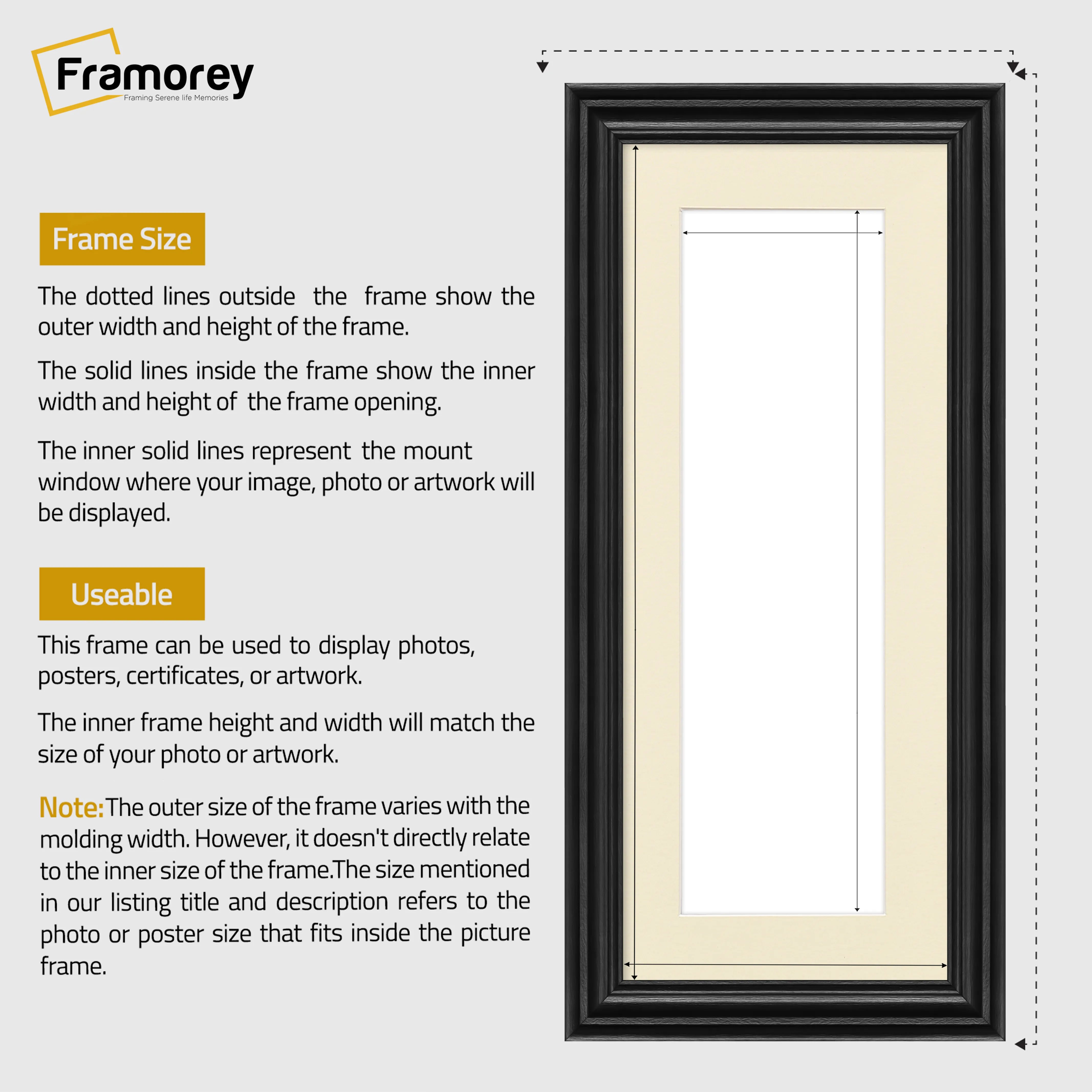 Swept Style Panoramic Black Picture Frame Photo Frame With Ivory Mount