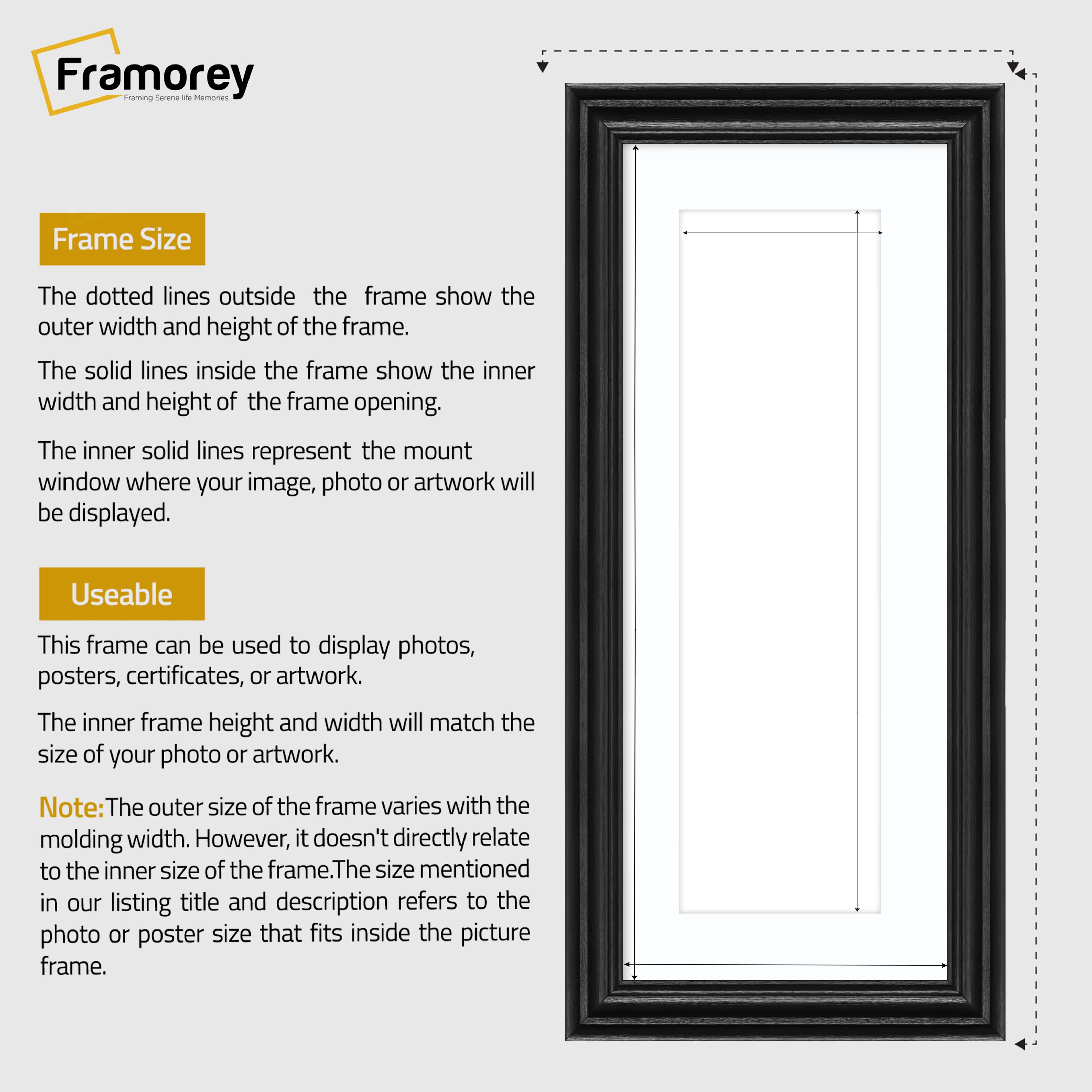 Swept Style Panoramic Black Picture Frame Wall Frame With White Mount