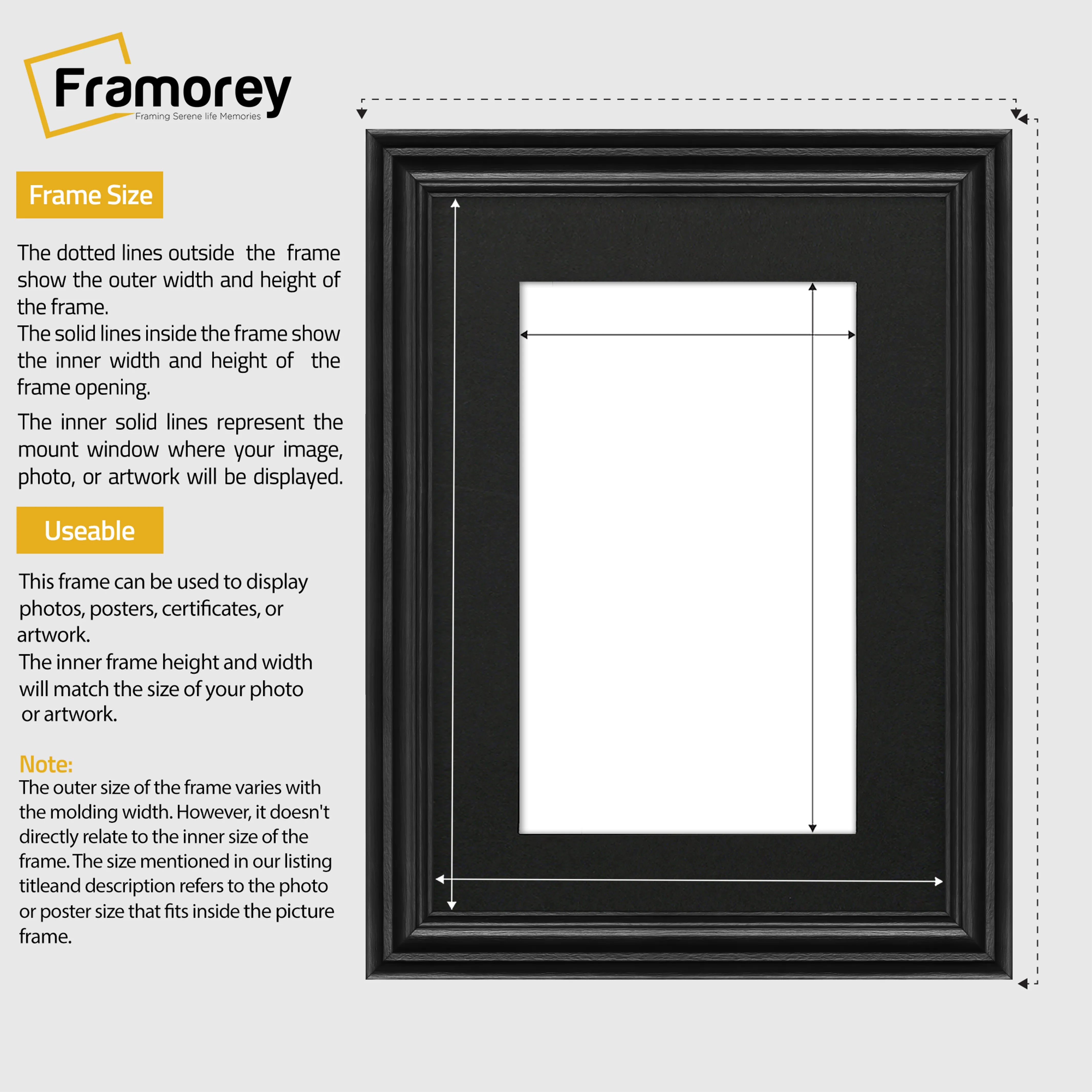 Swept Style Black Picture Frame Wall Décor Photo Frame With Black Mount