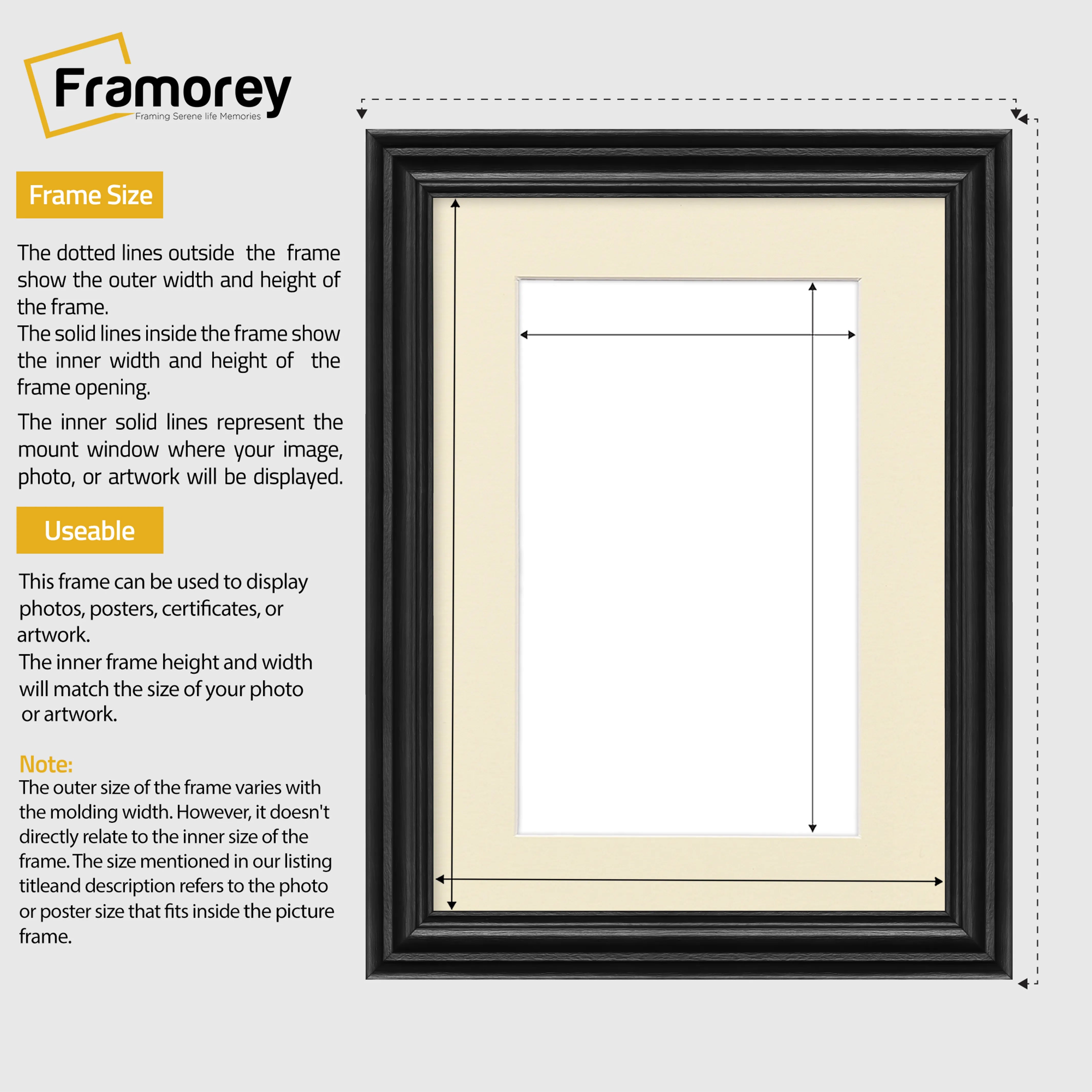 Swept Style Black Picture Frame Wall Décor Photo Frame With Ivory Mount