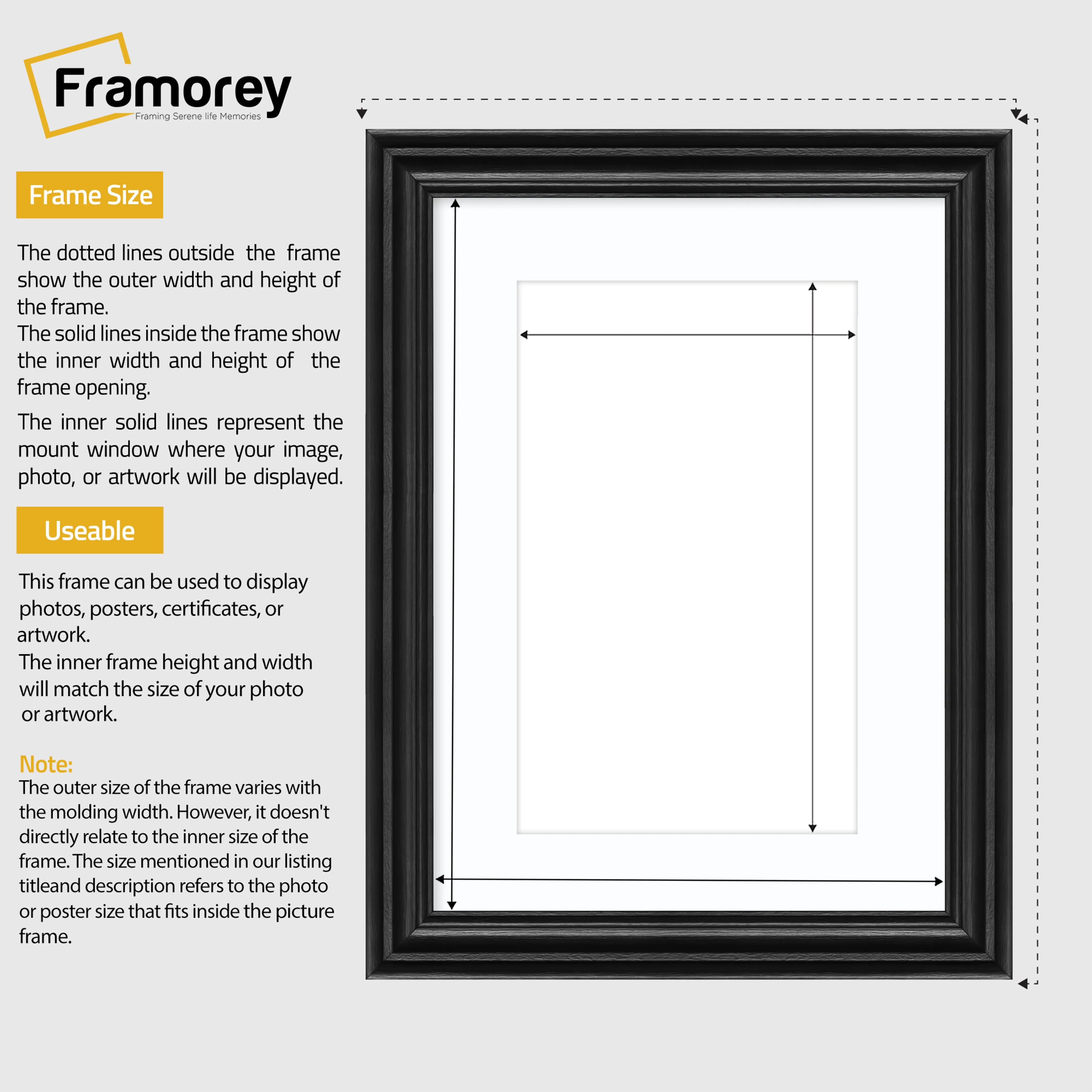 Swept Style Black Picture Frame Wall Décor Photo Frame With White Mount