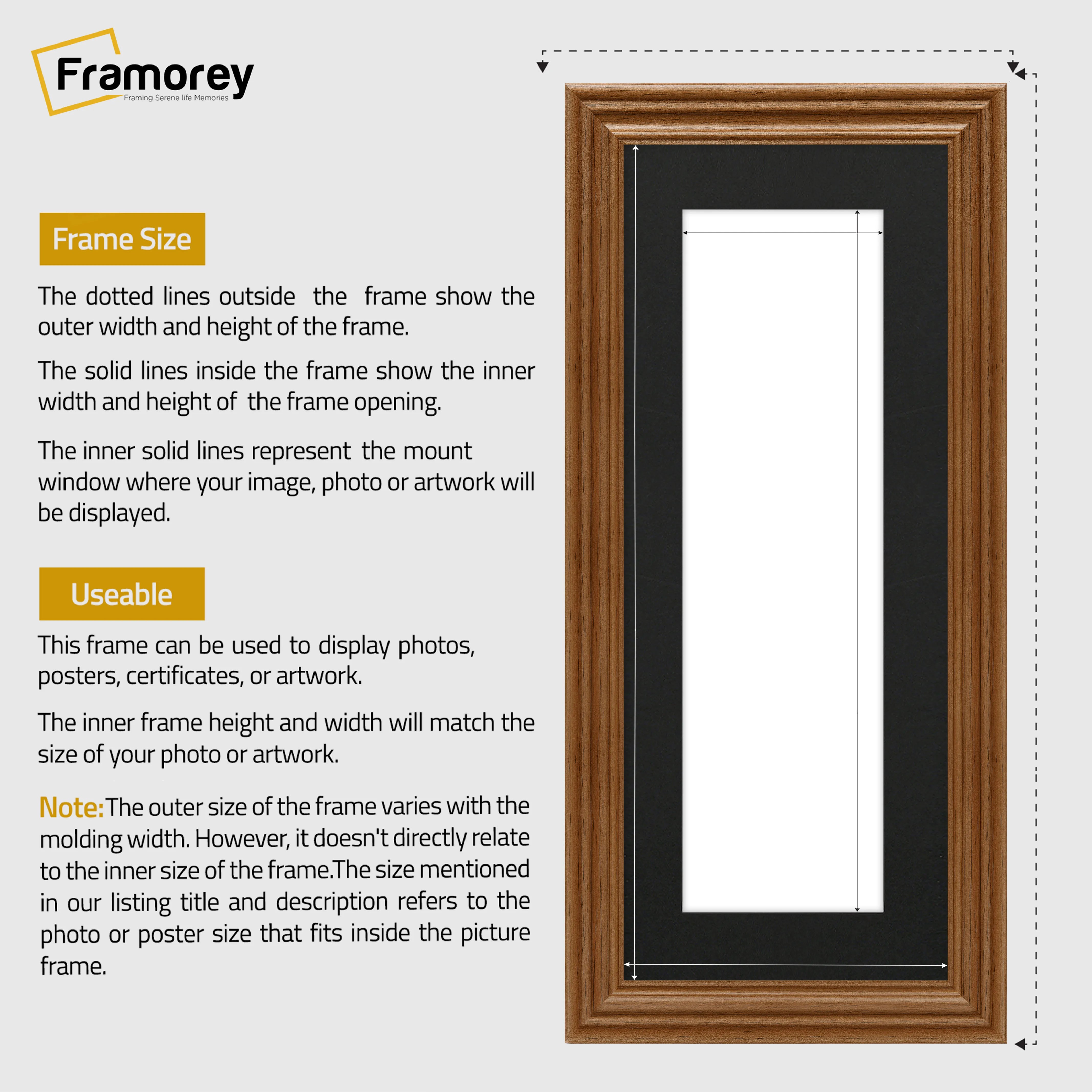 Swept Style Panoramic Walnut Picture Frame Wall Décor Photo Frame With Black Mount