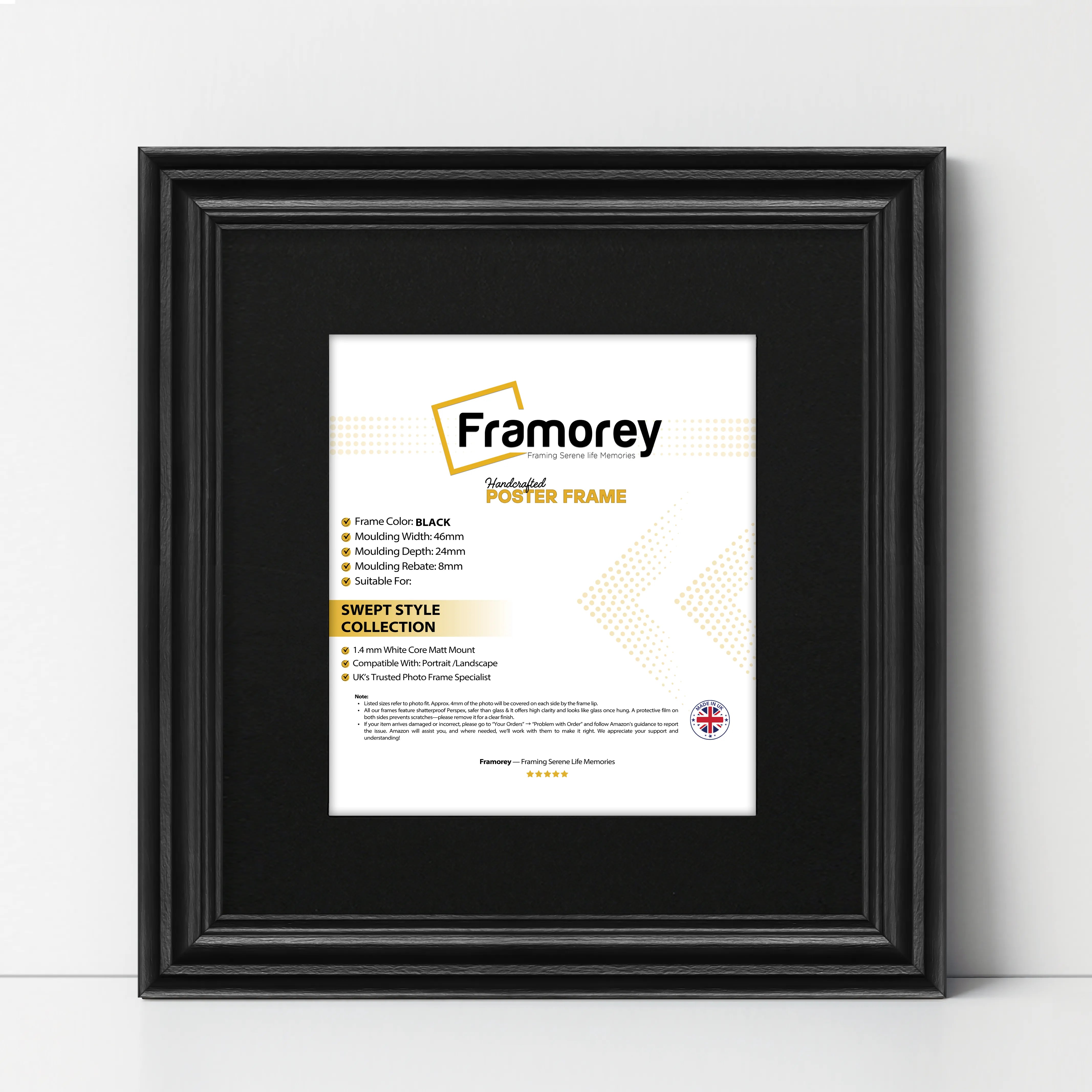Swept Style Square Black Picture Frame With Black Mount Photo Frame