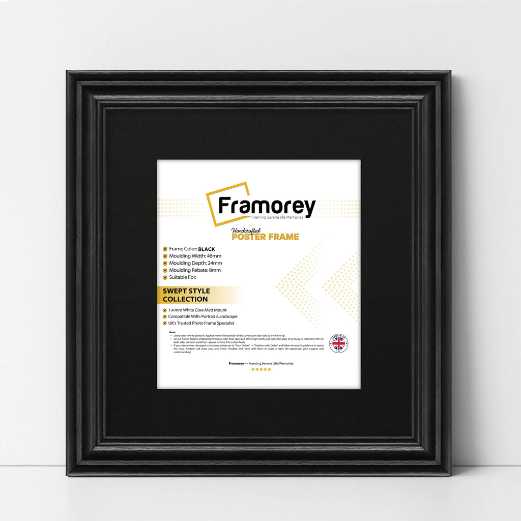 Swept Style Square Black Picture Frame With Black Mount Photo Frame