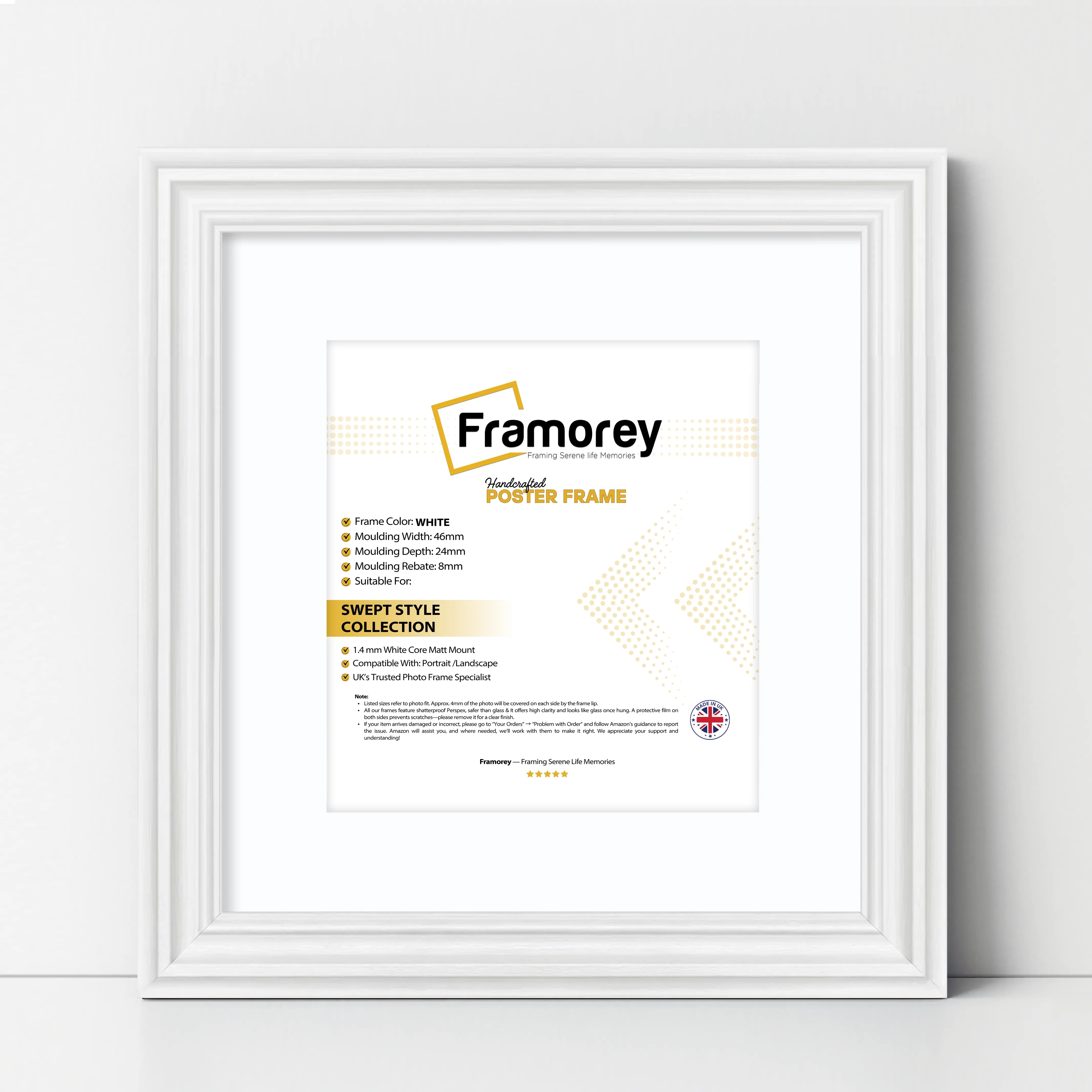 Swept Style Square White Picture Frame With White Mount