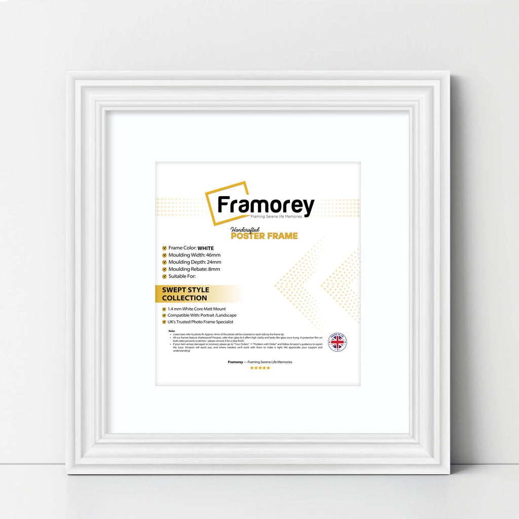 Swept Style Square White Picture Frame With White Mount