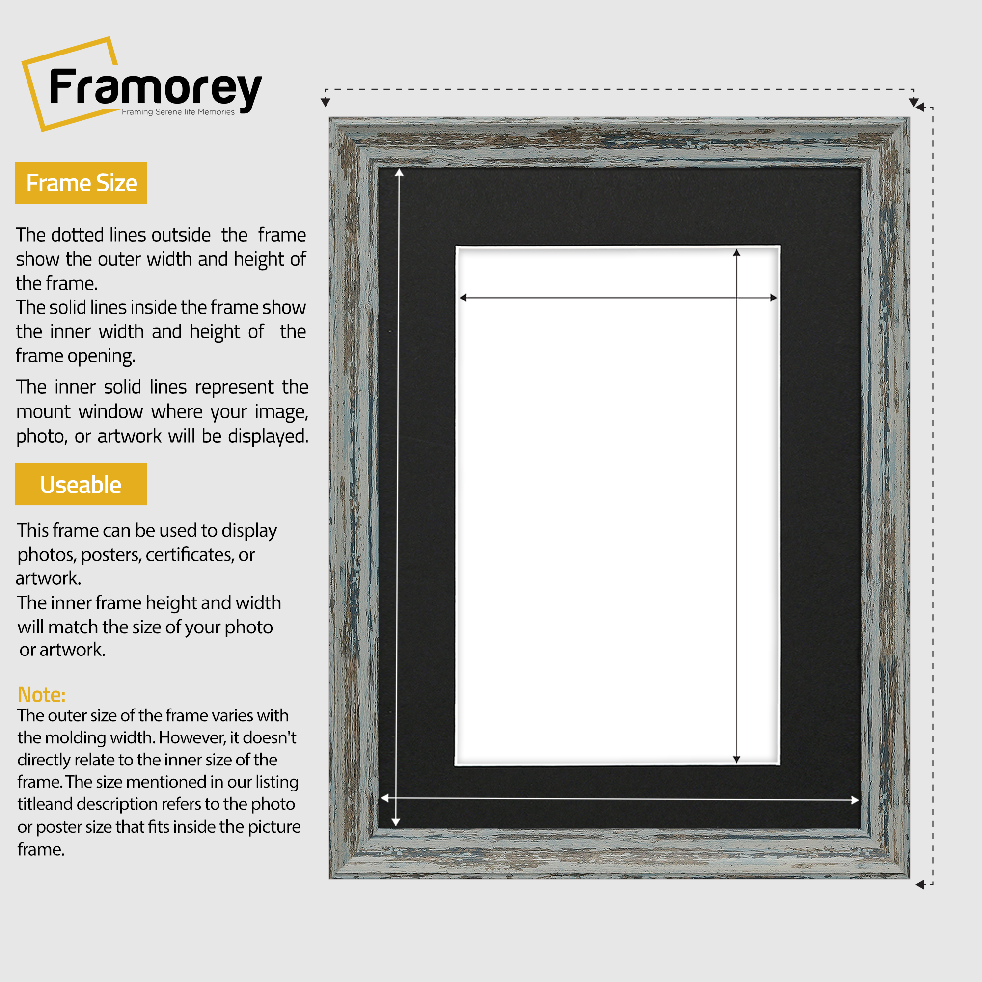 Vintage Distressed Blue Photo Frames Wall Art Frame With Black Mount